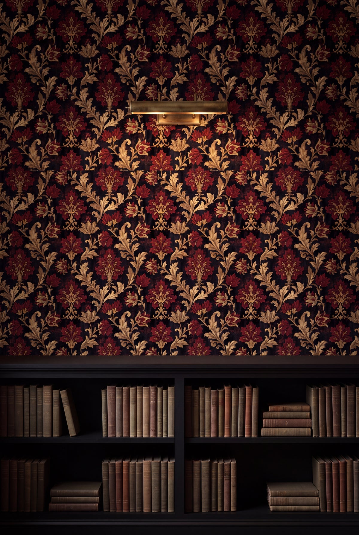 Crimson Reliquary wallpaper shown in a library