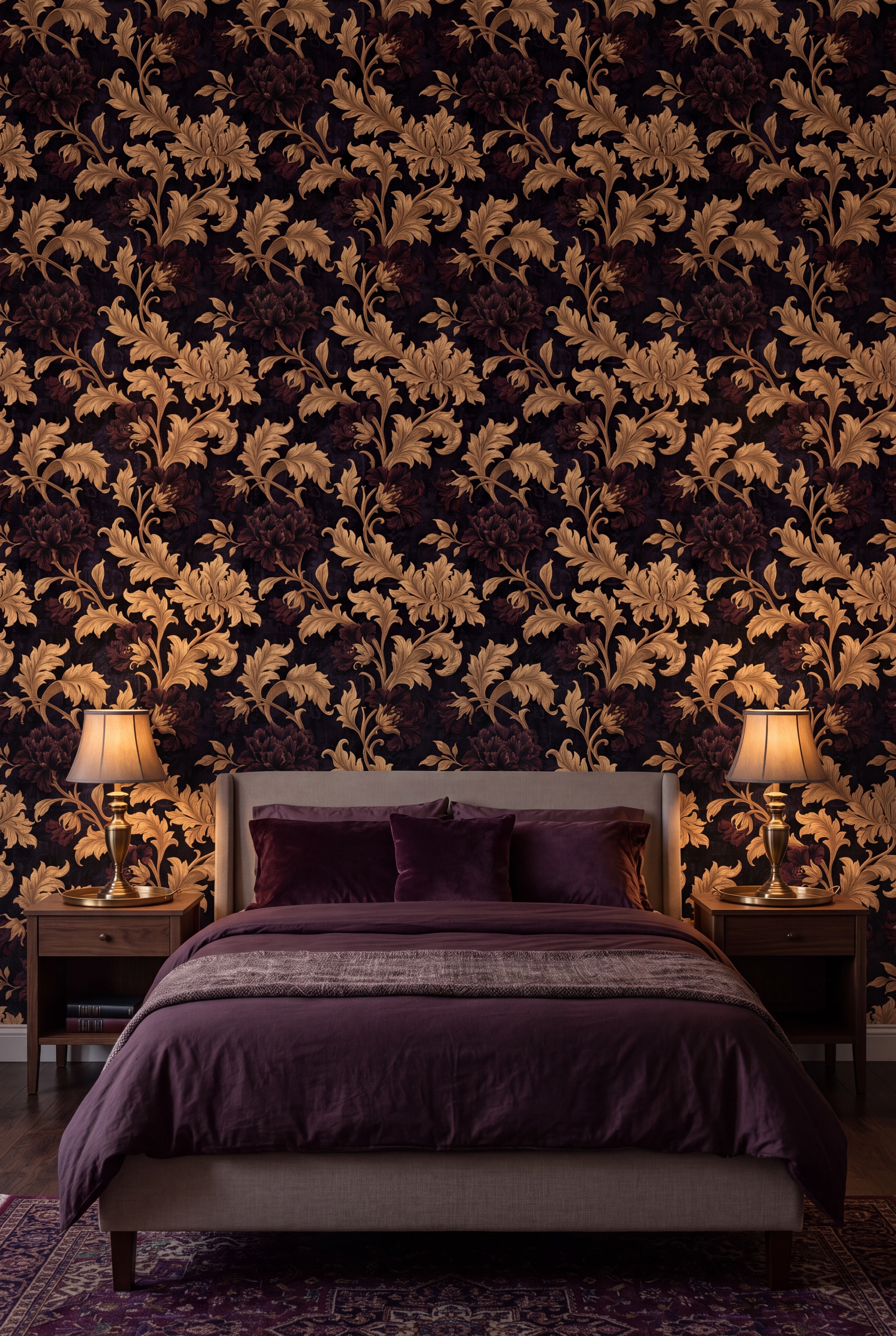 Regency Gilt wallpaper shown in a bedroom