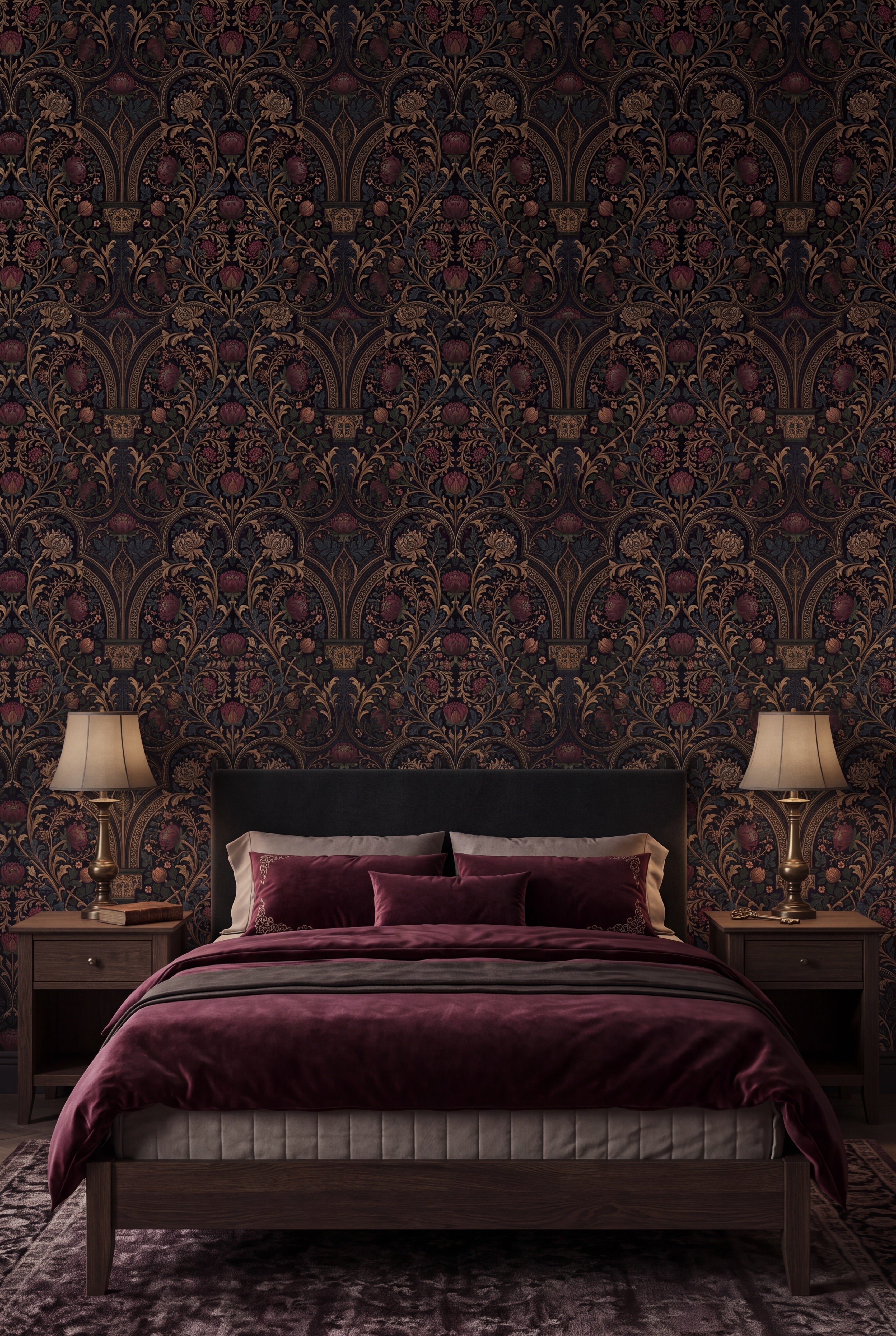 Cloister Vault wallpaper shown in a bedroom