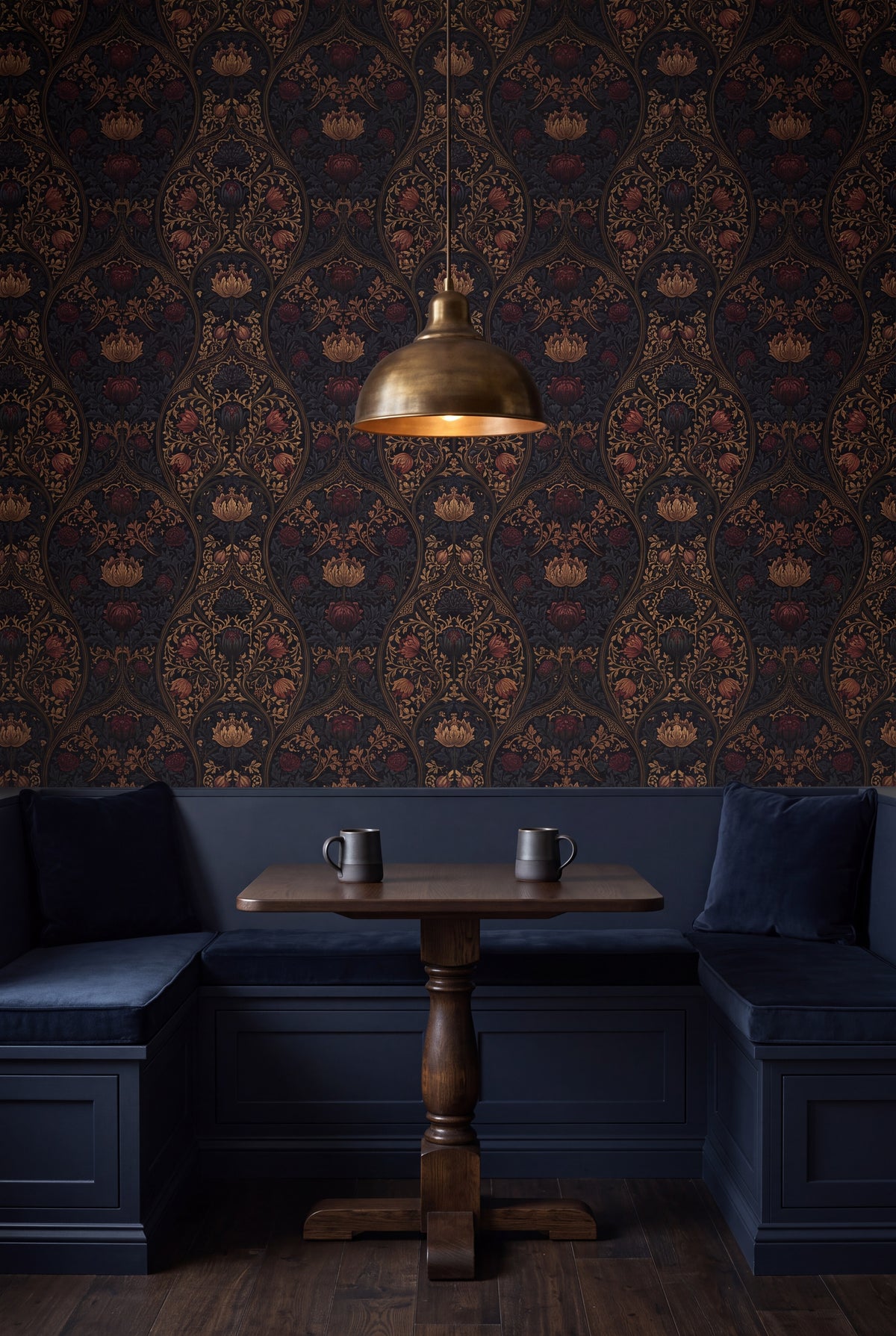 Chalice Damask wallpaper shown in a kitchen breakfast nook