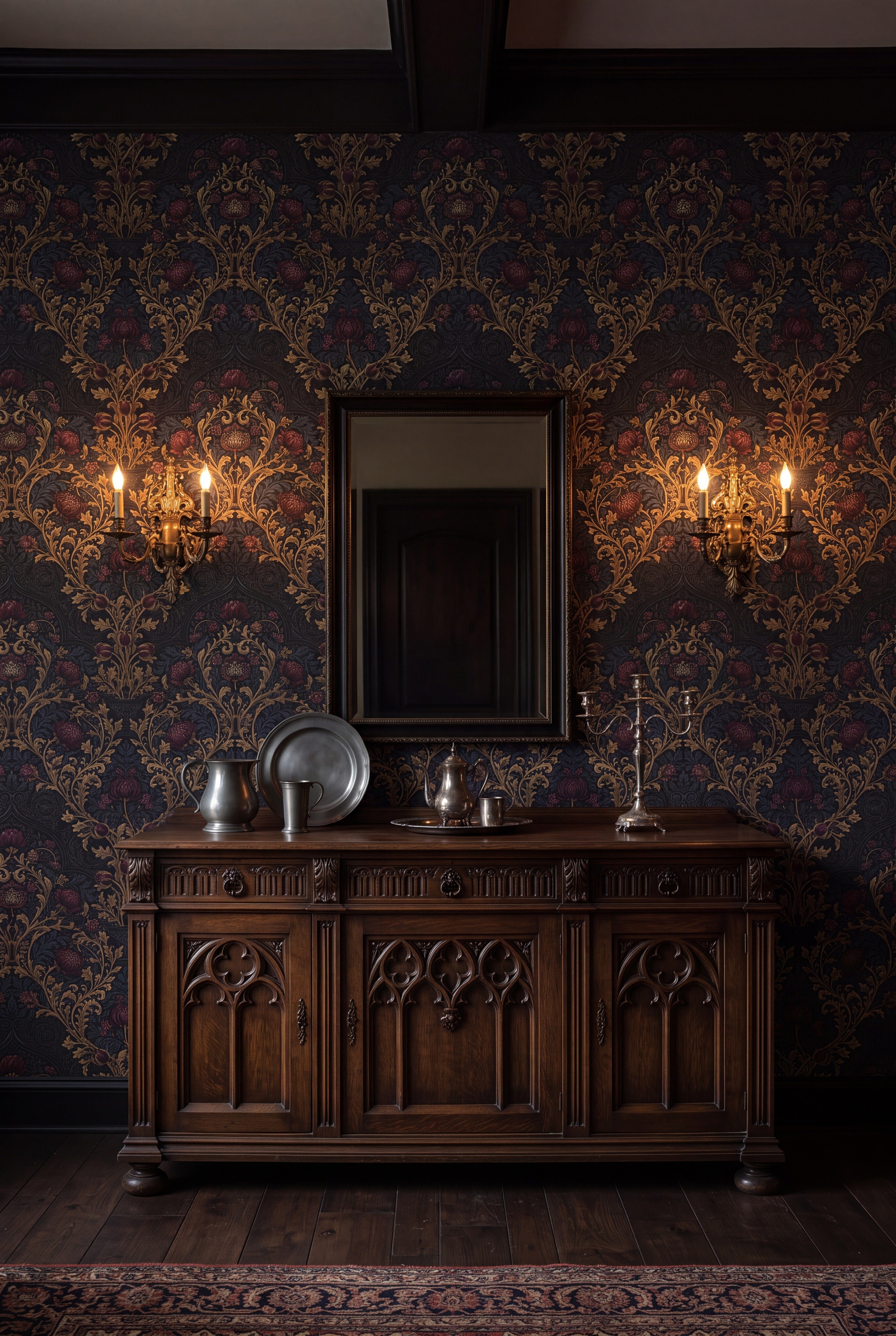 Abbey Gilt wallpaper shown in a dining room