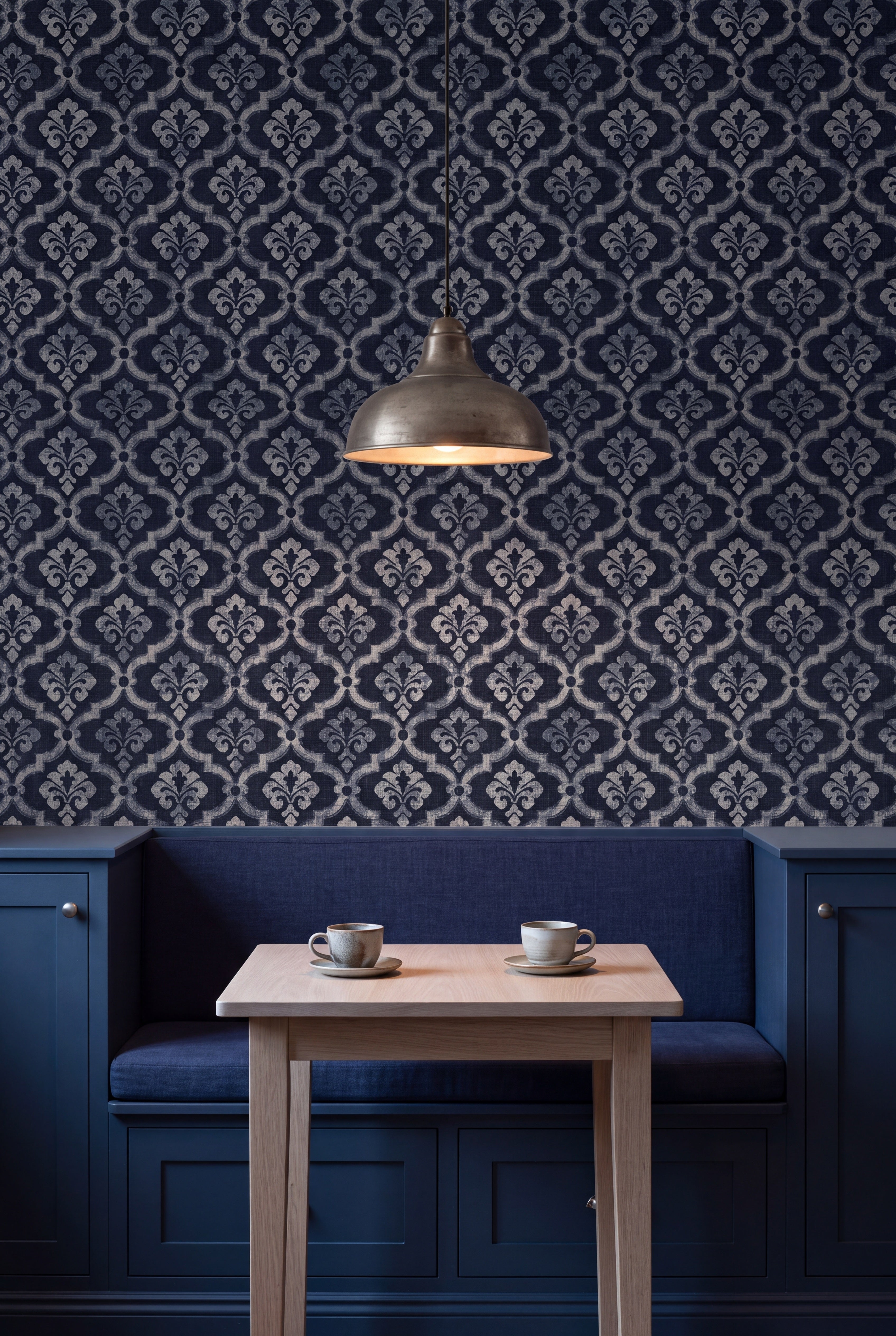 Indigo Fleur wallpaper shown in a kitchen breakfast nook