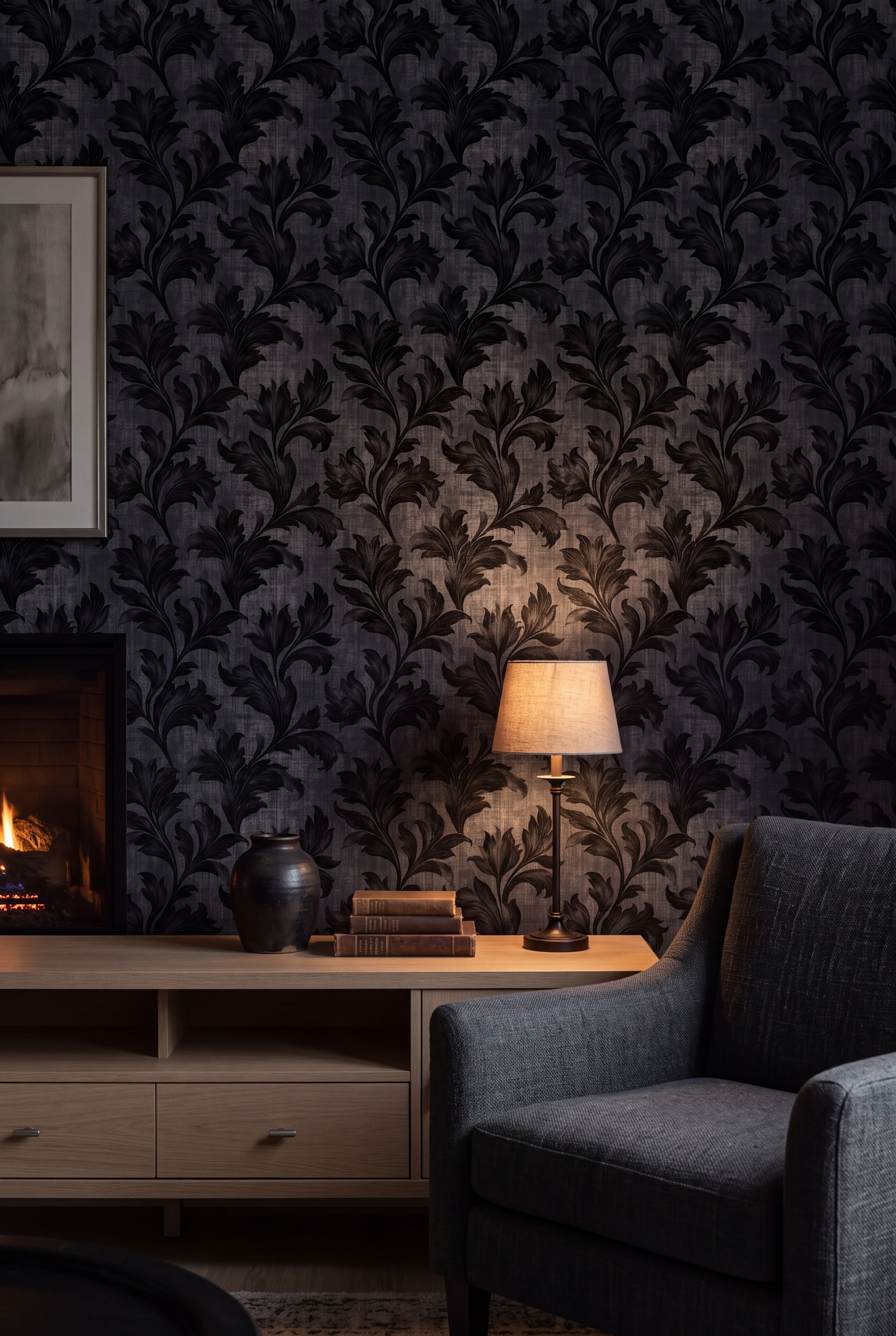 Nightfall Acanthus wallpaper shown in a living room