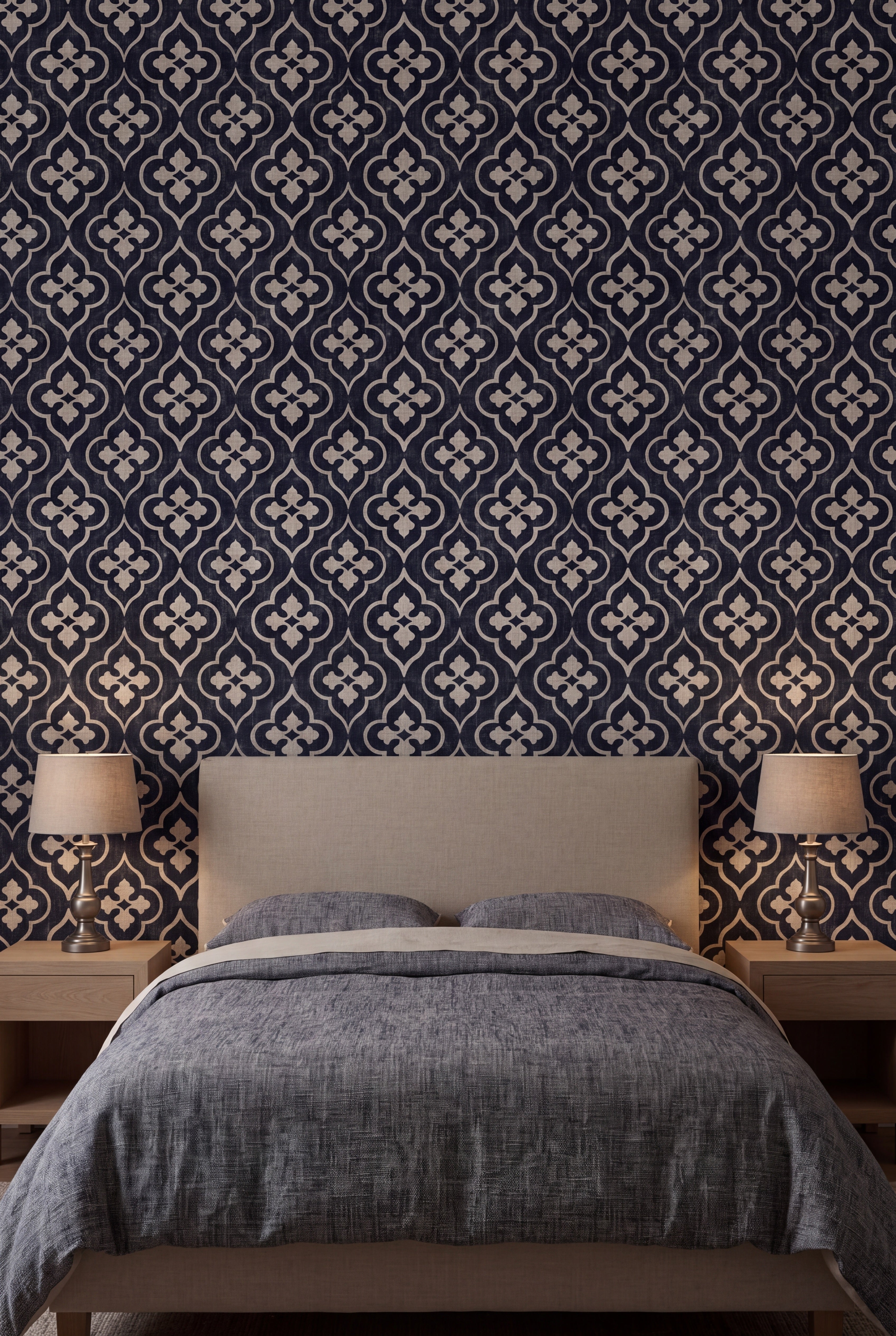 Linen Quatrefoil wallpaper shown in a bedroom