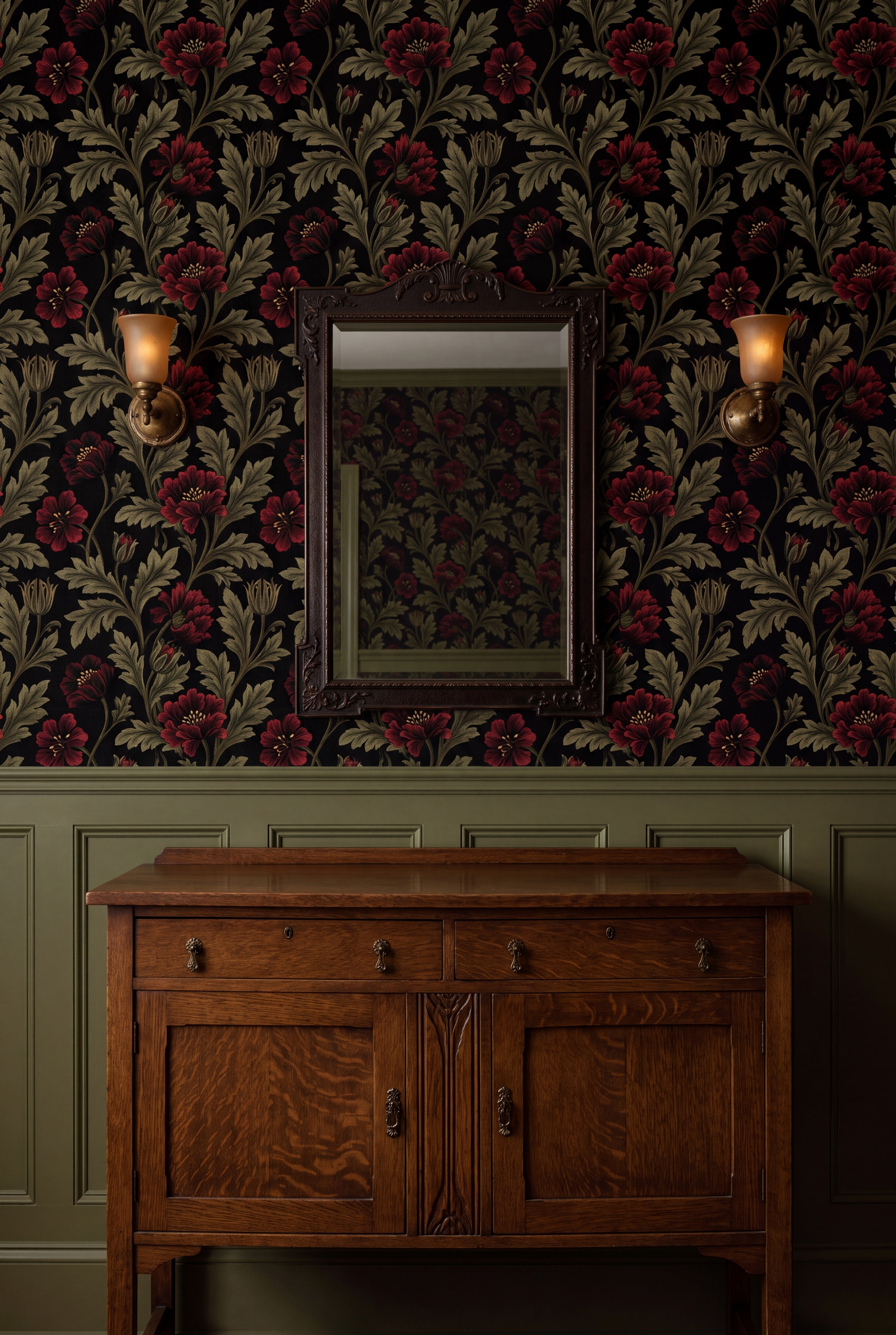 Ember Poppy wallpaper shown in a dining room