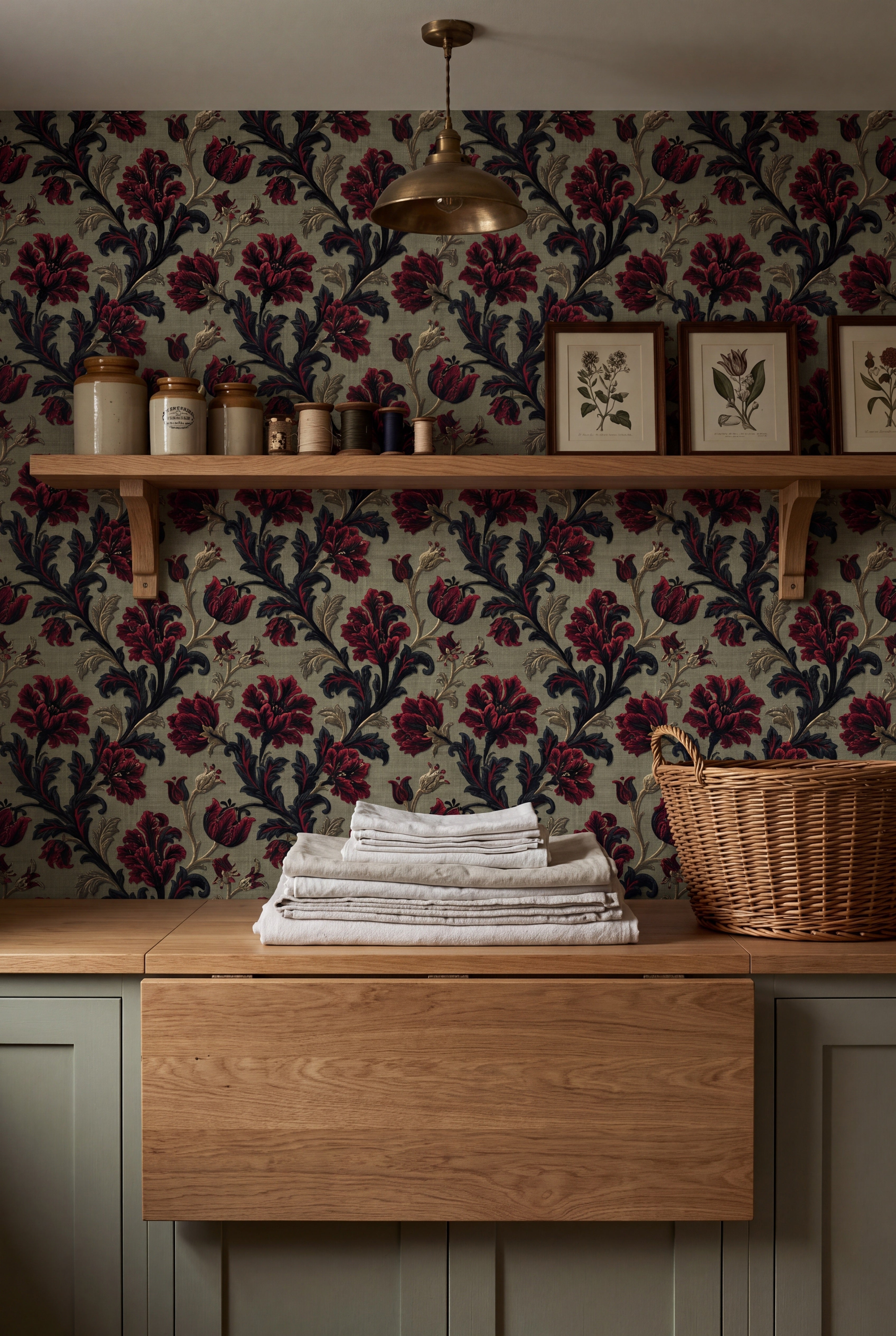 Sage Carnation wallpaper shown in a laundry room