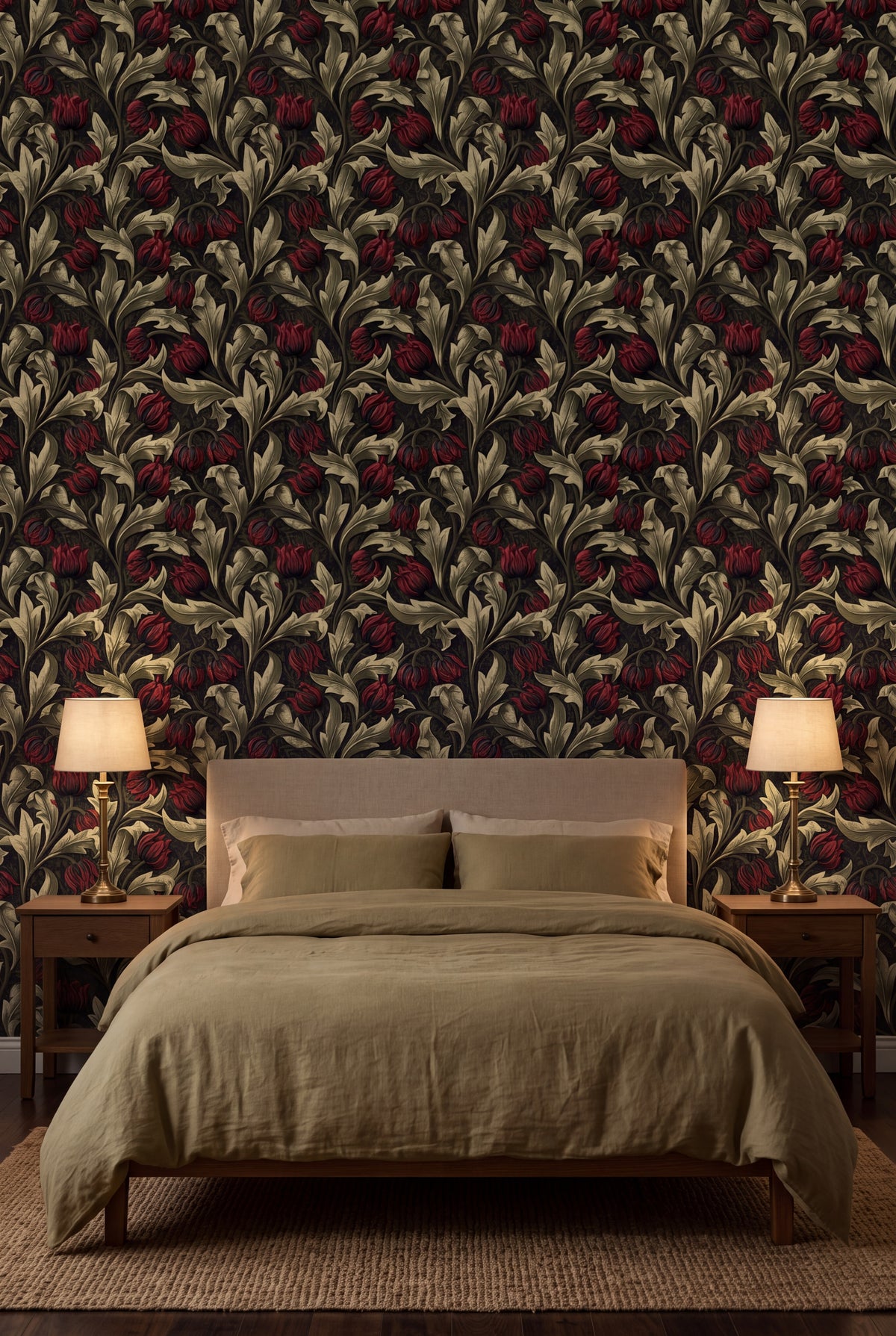 Shadow Tulip wallpaper shown in a bedroom