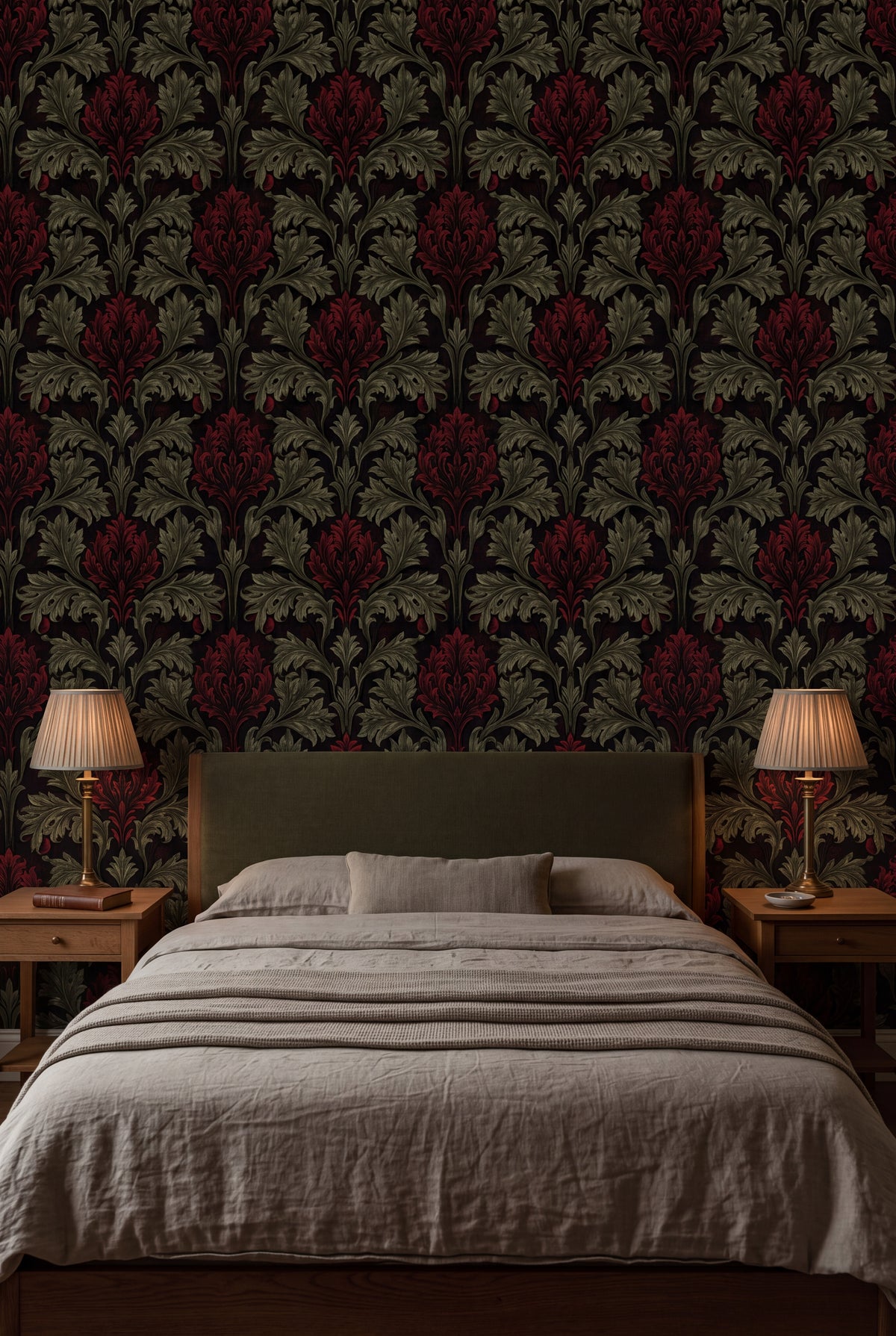 Moss Artichoke wallpaper shown in a bedroom