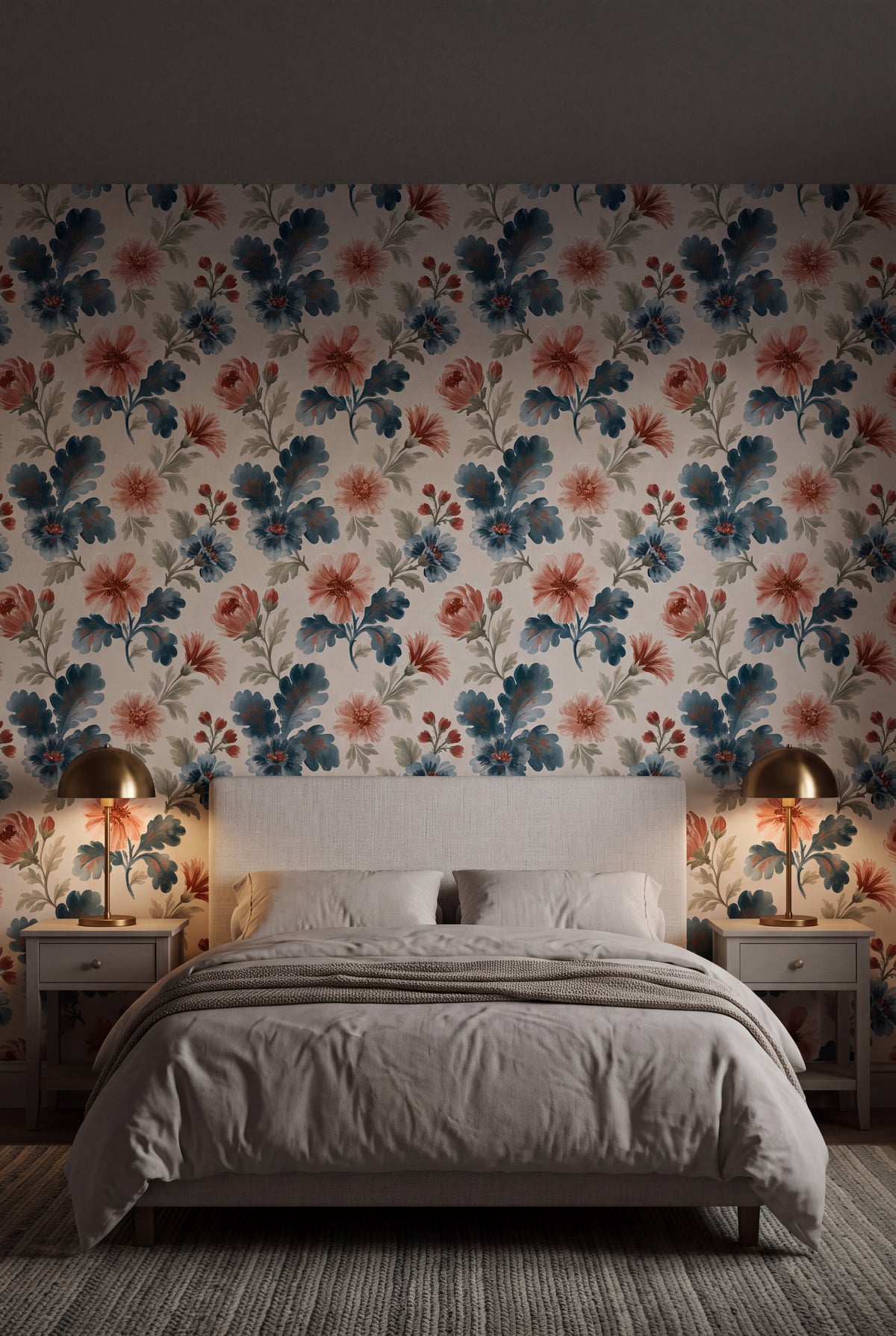 Dusty Cornflower wallpaper shown in a bedroom