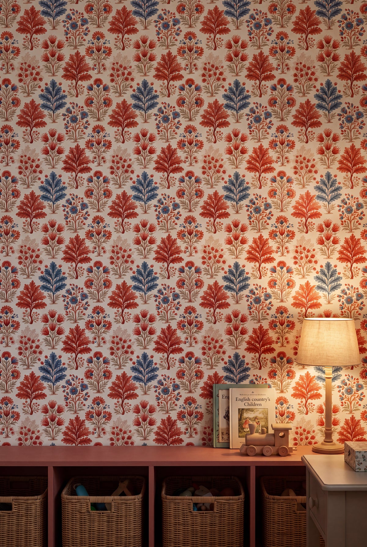 Folk Bloom wallpaper shown in a kids room
