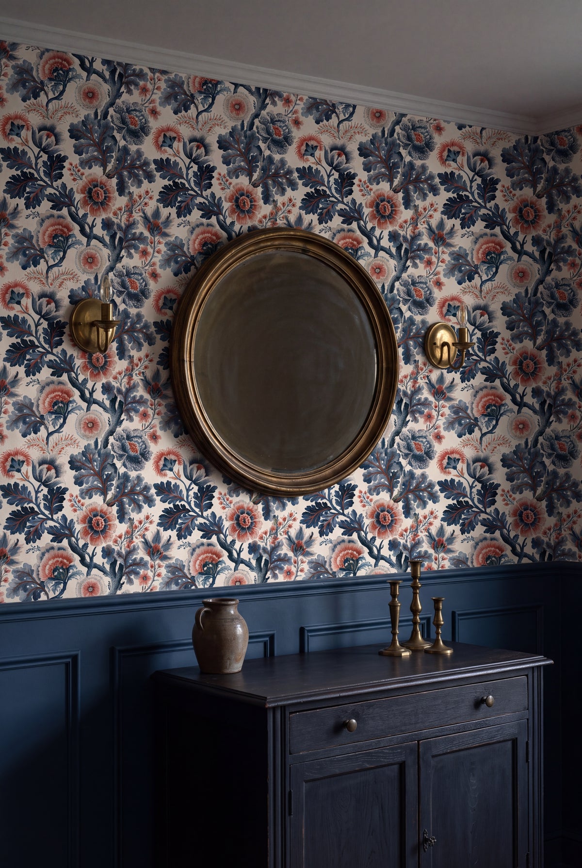 Jacobean Night wallpaper shown in a dining room