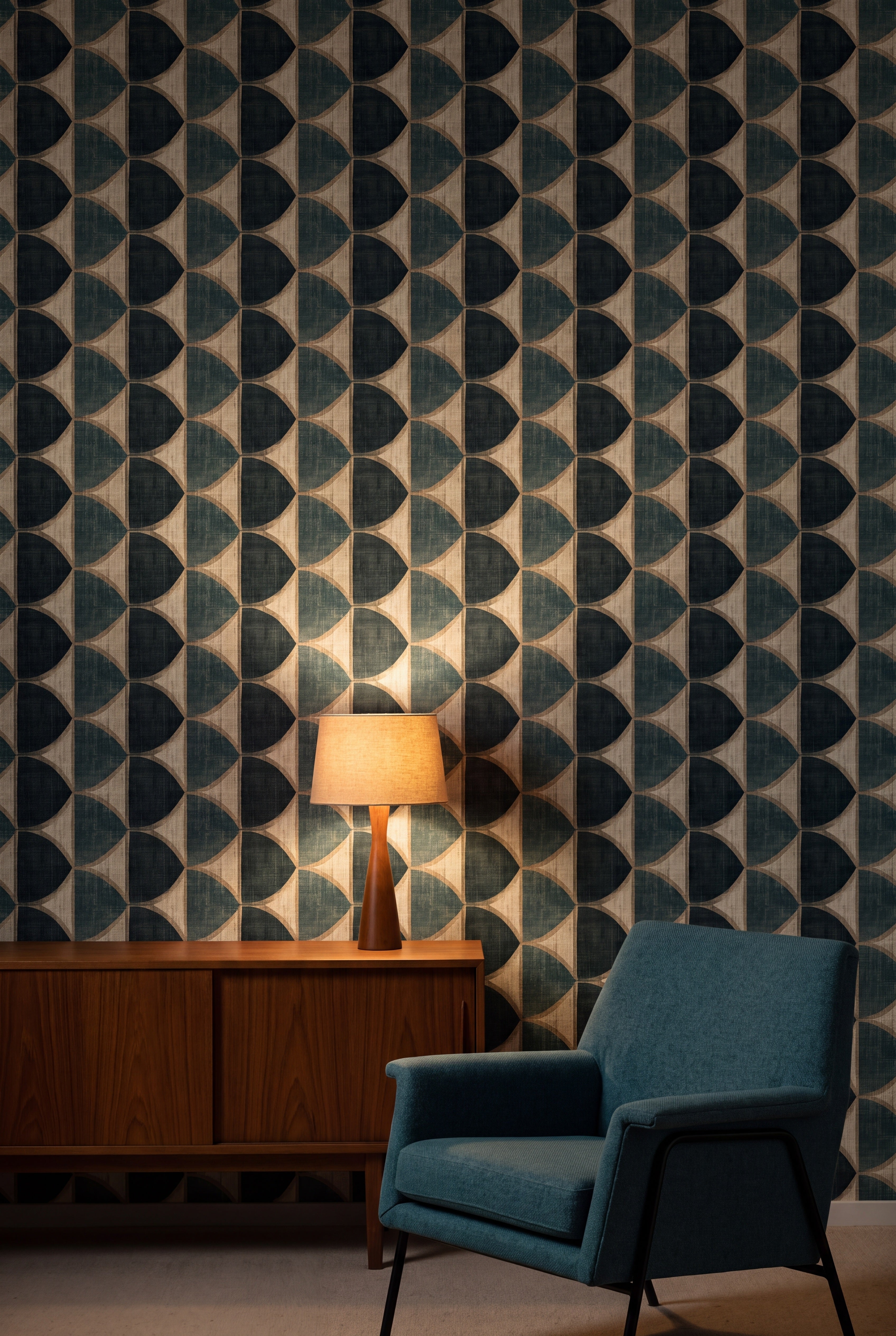 Verdigris Halfmoon wallpaper shown in a living room