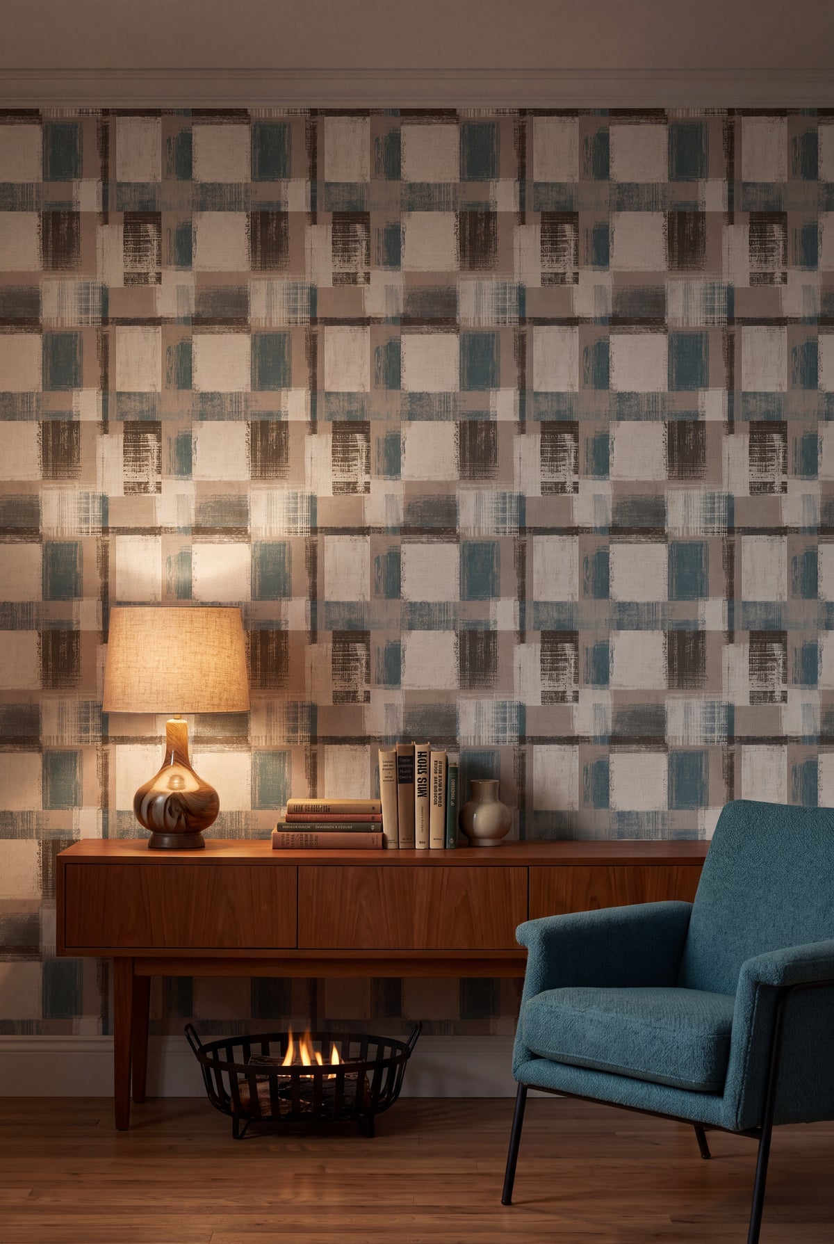 Harbor Check wallpaper shown in a living room