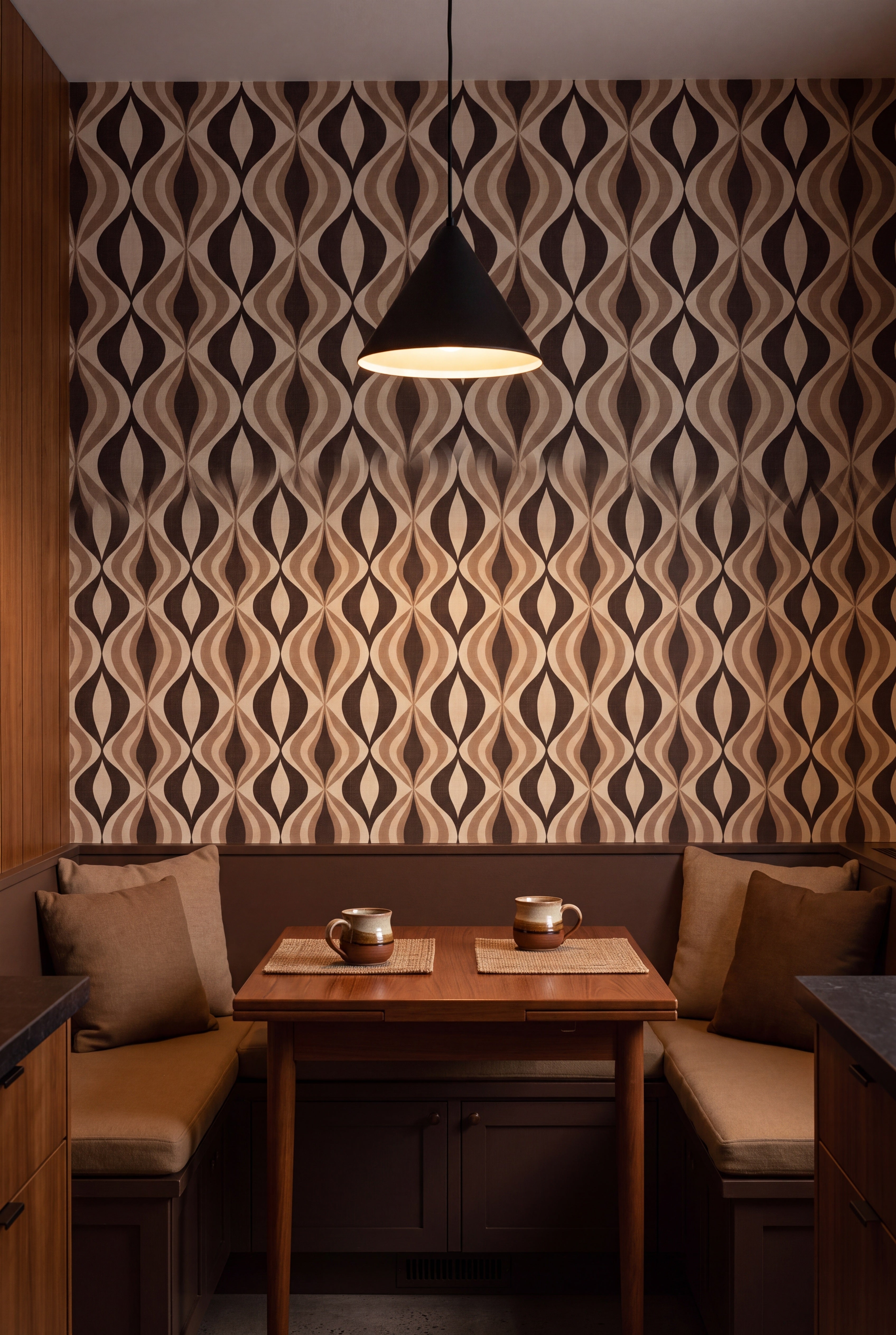 Cocoa Marquise wallpaper shown in a kitchen breakfast nook