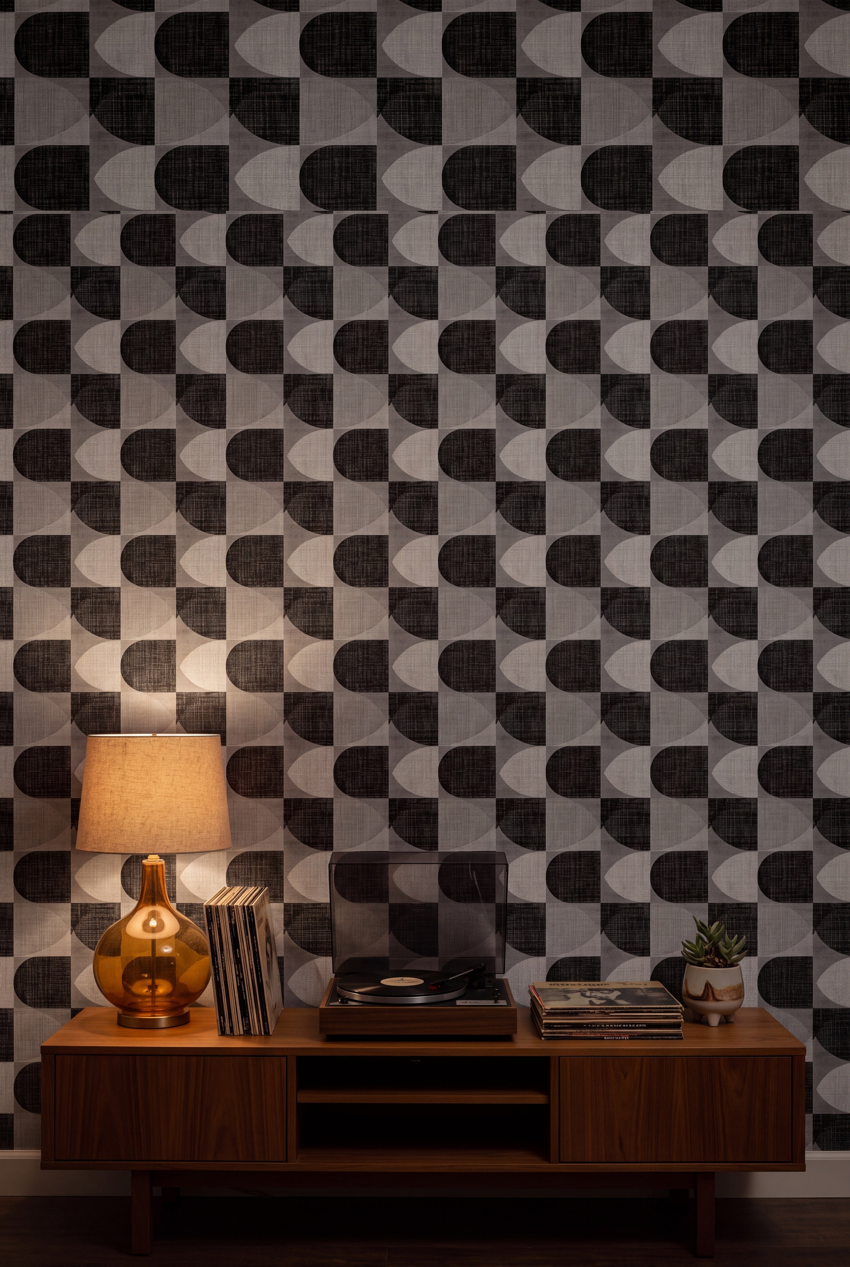 Domino Arc wallpaper shown in a media room