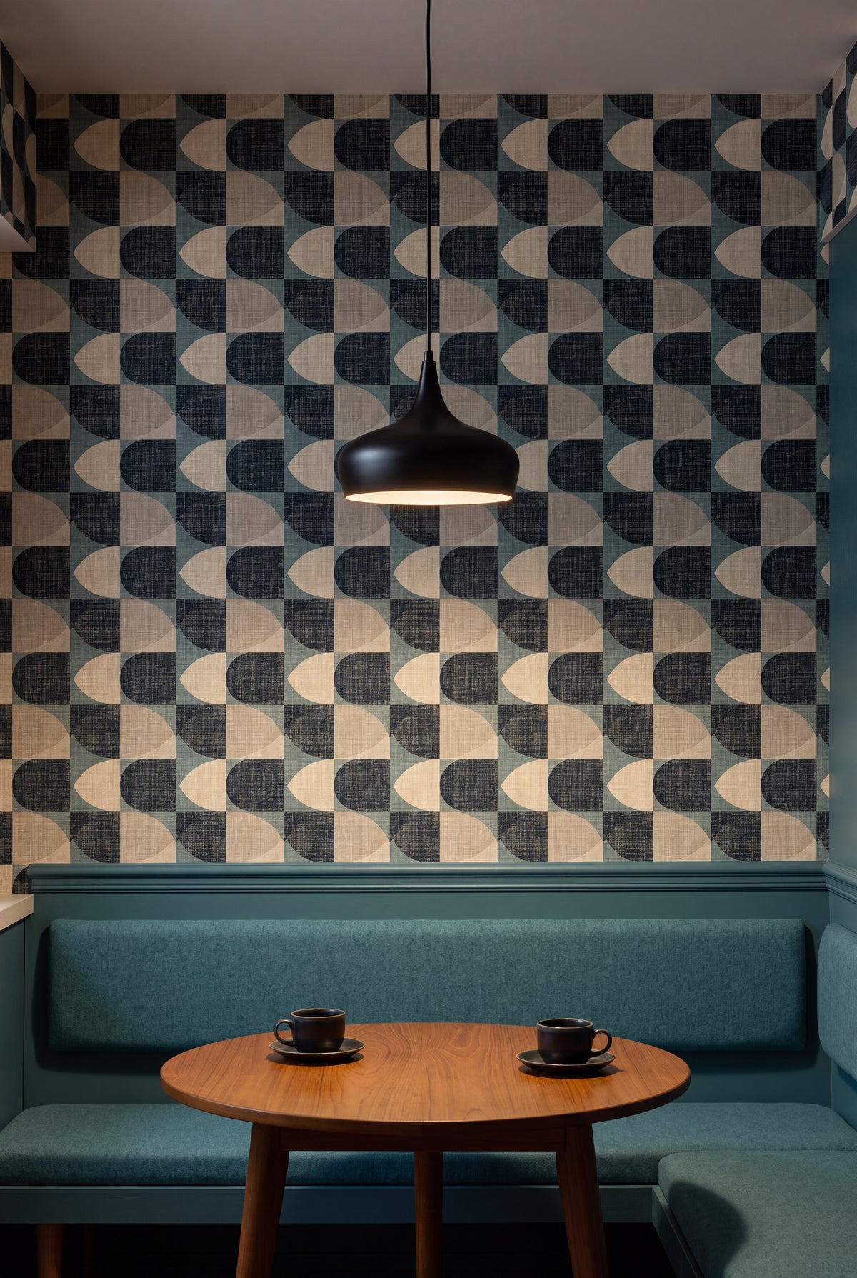 Tidewater Arc wallpaper shown in a kitchen breakfast nook