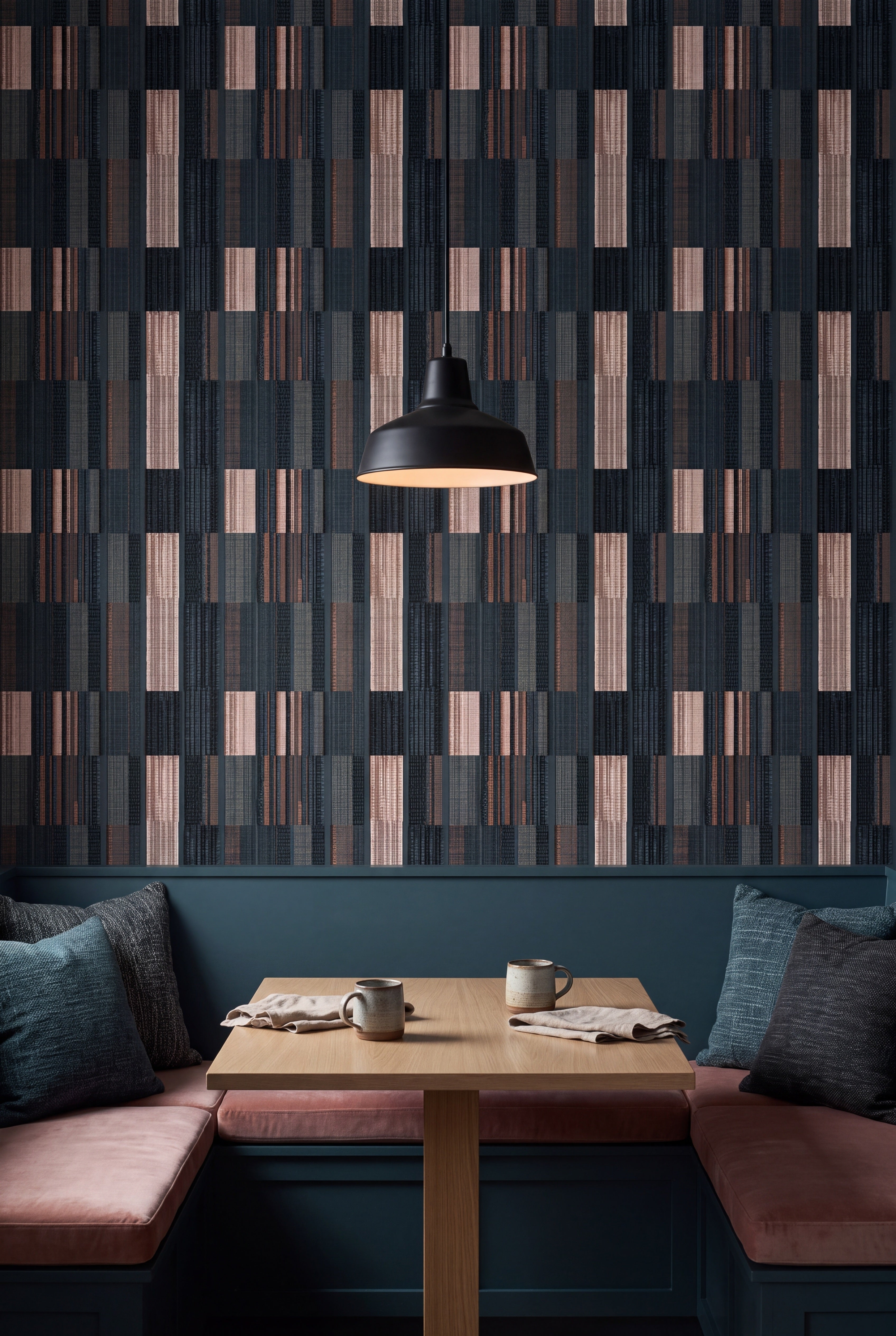 Cinder Ticking wallpaper shown in a kitchen breakfast nook