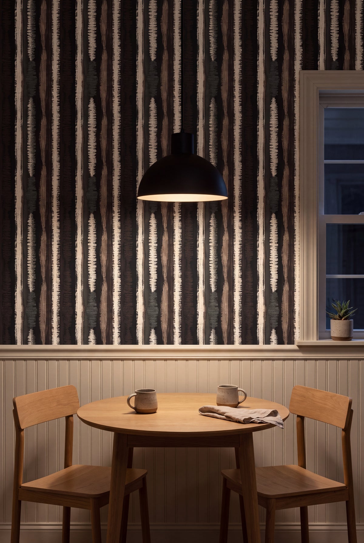 Birchbark Stripe wallpaper shown in a kitchen breakfast nook