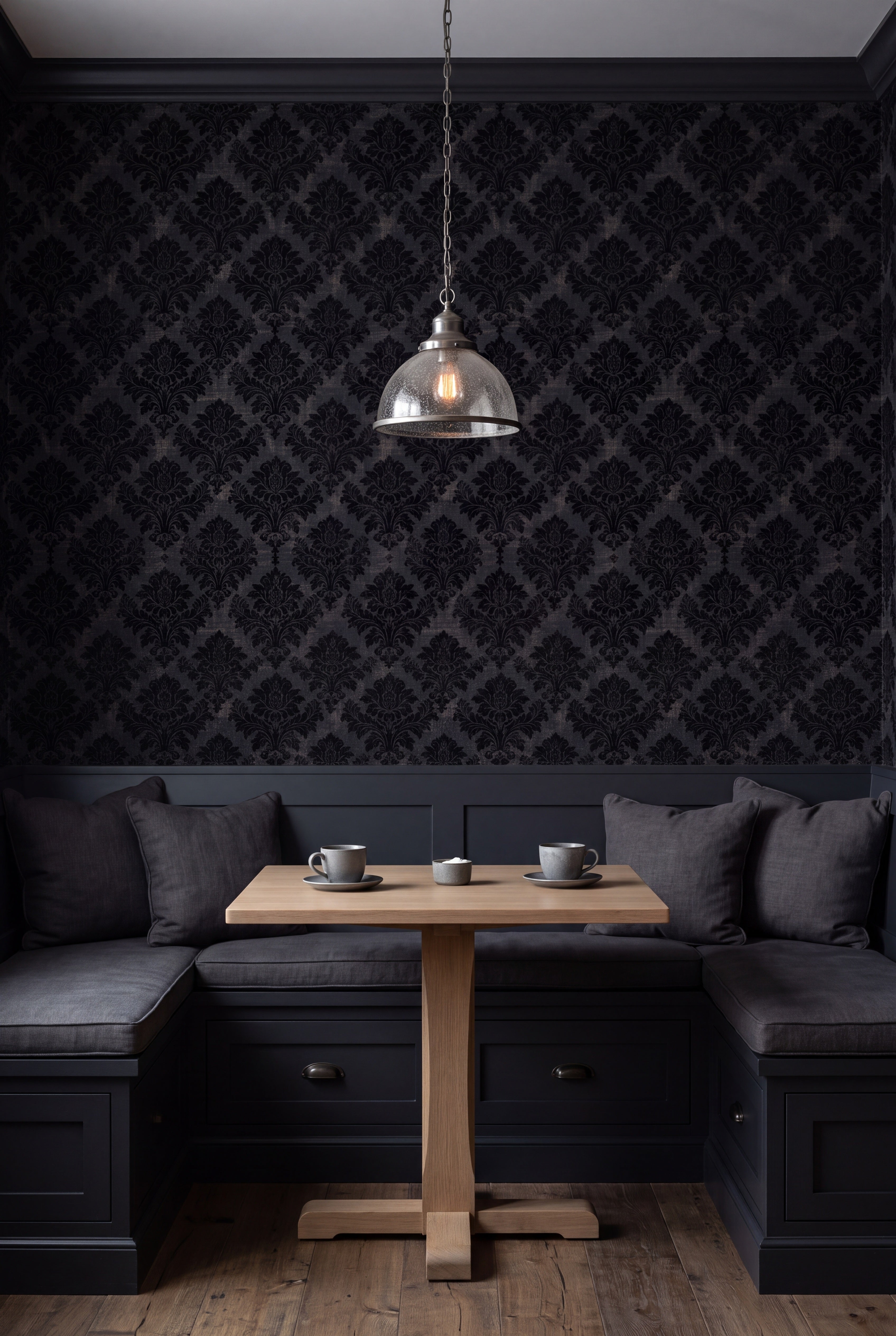 Obsidian Damask wallpaper shown in a kitchen breakfast nook