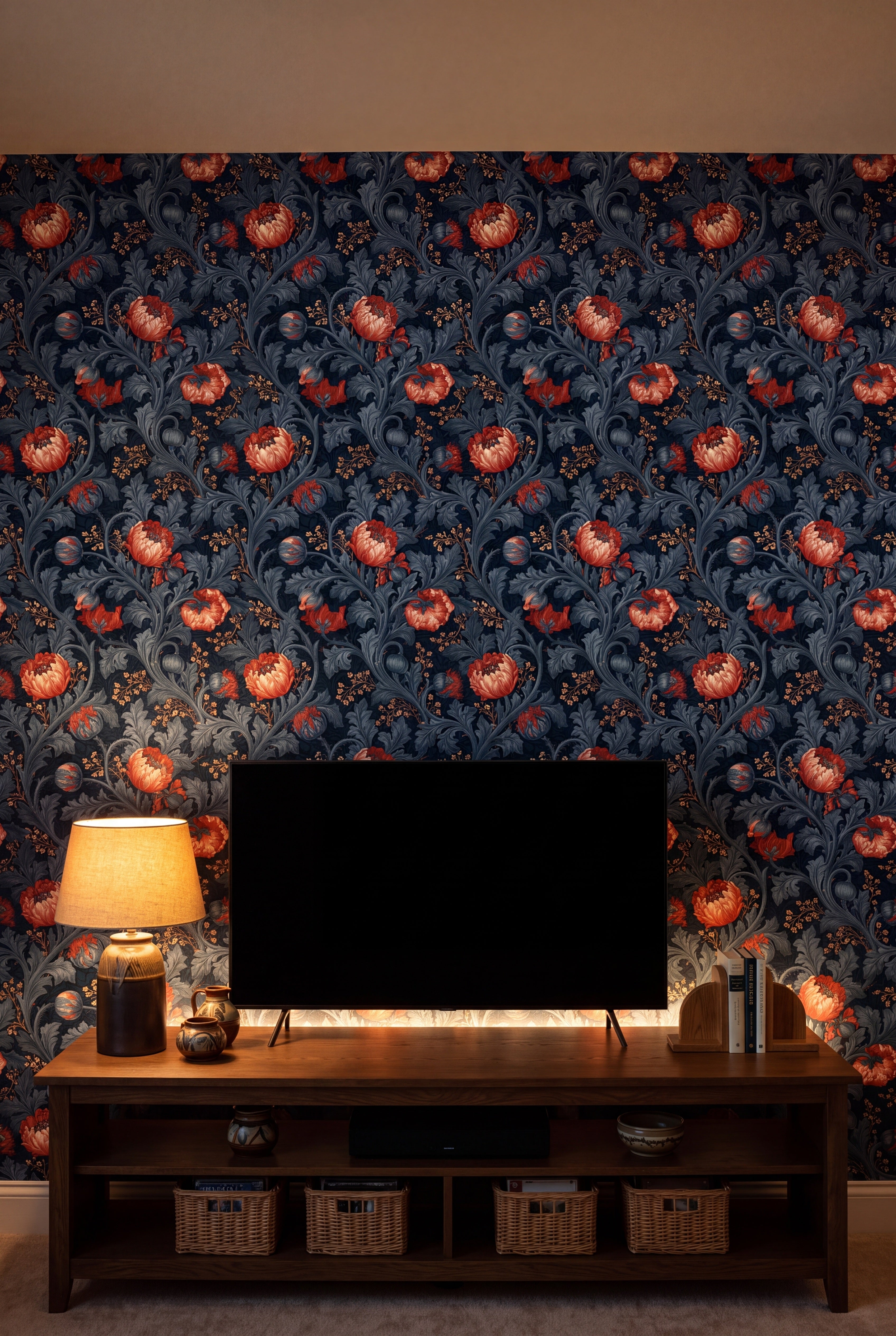 Coral Bower wallpaper shown in a media room