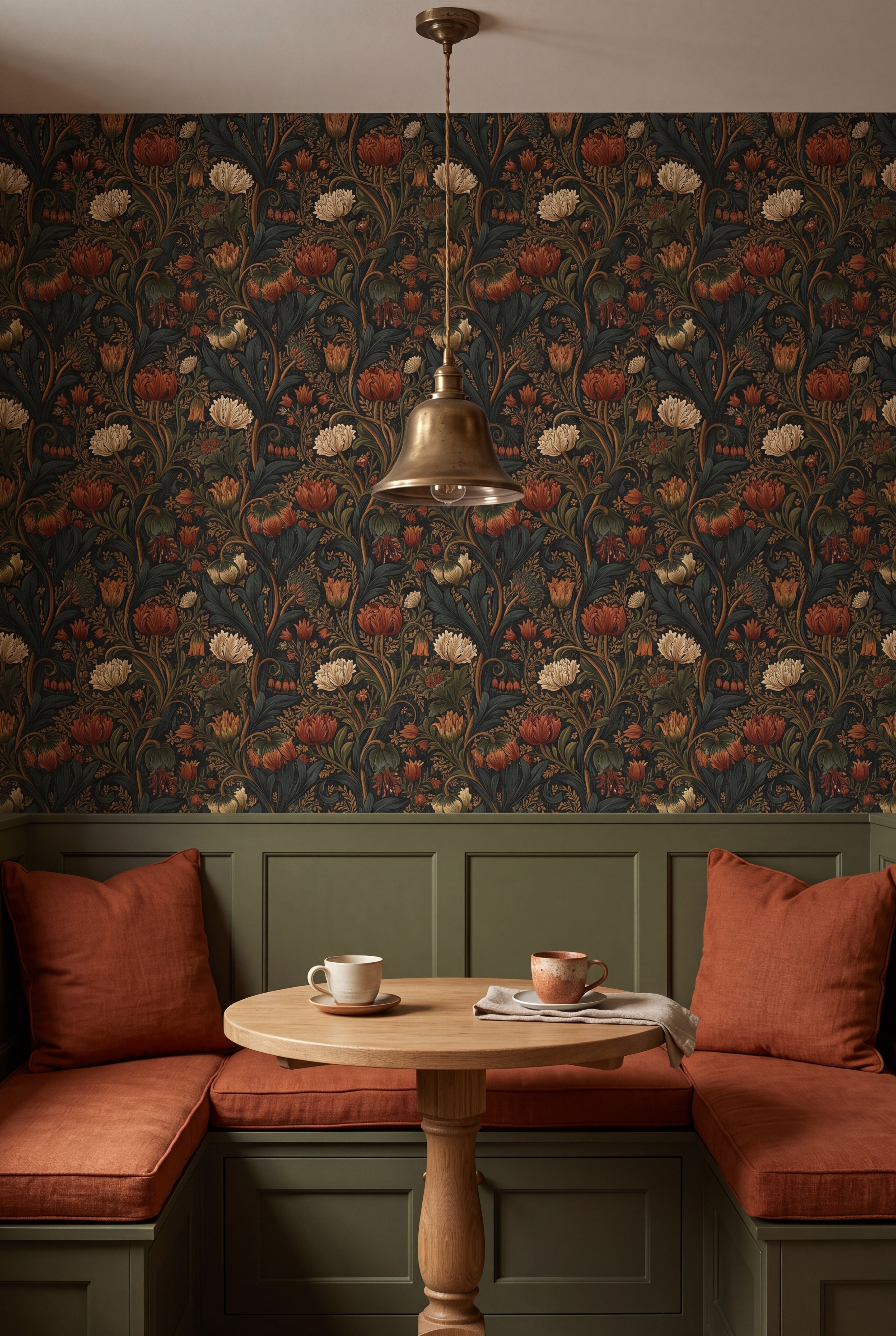 Ember Chrysanthemum wallpaper shown in a kitchen breakfast nook