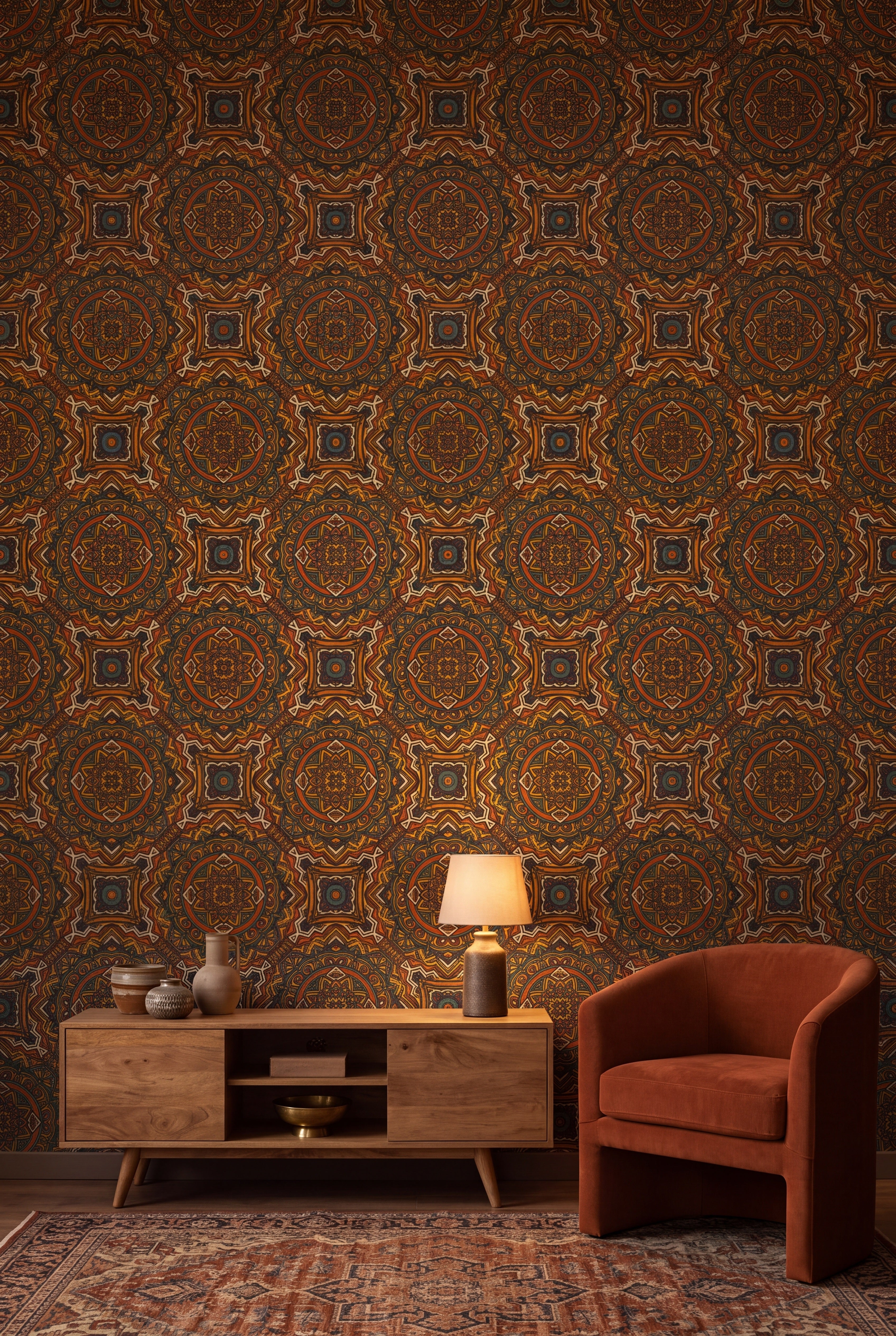 Caravan Mandala wallpaper shown in a living room