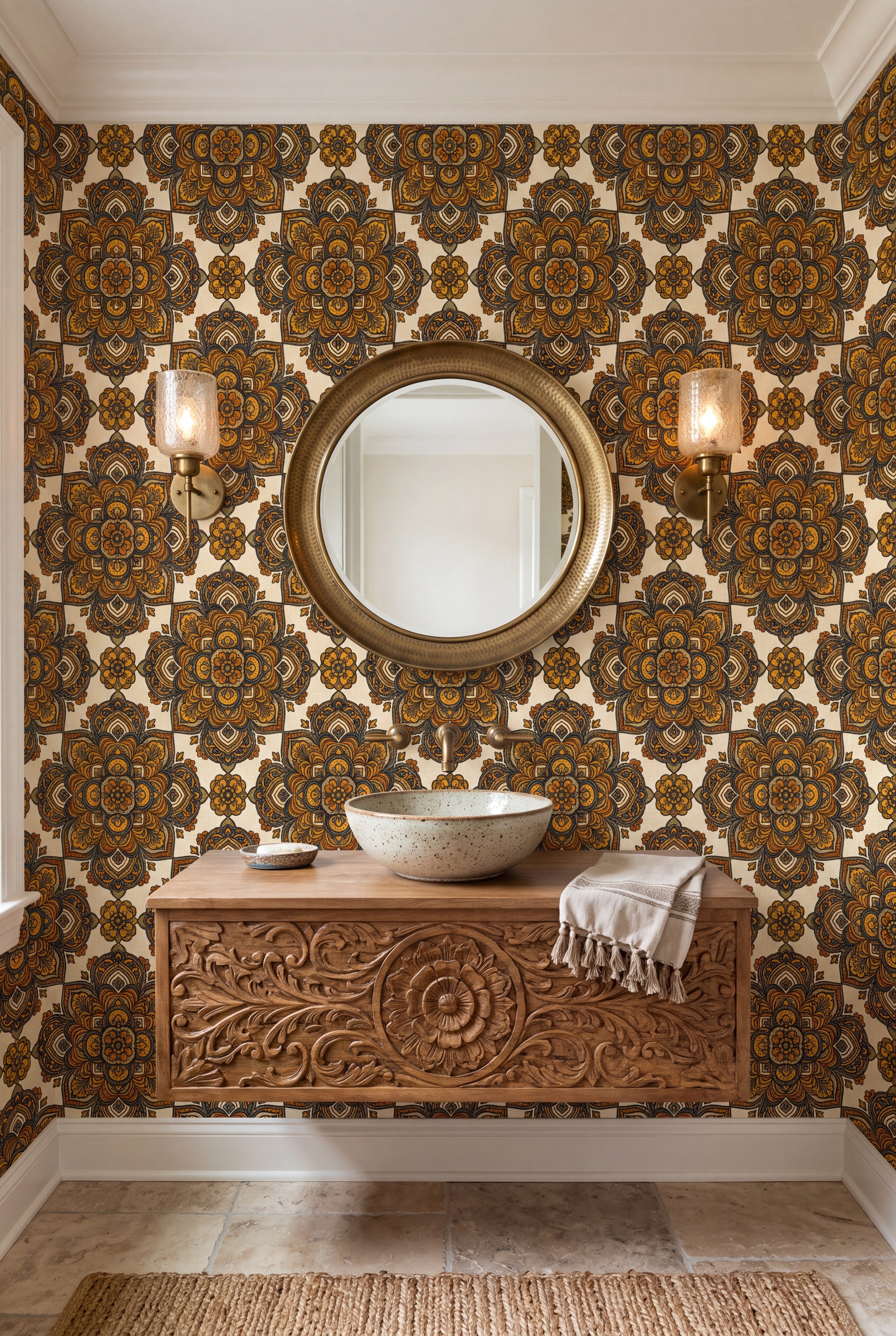 Saffron Mandala wallpaper shown in a powder room
