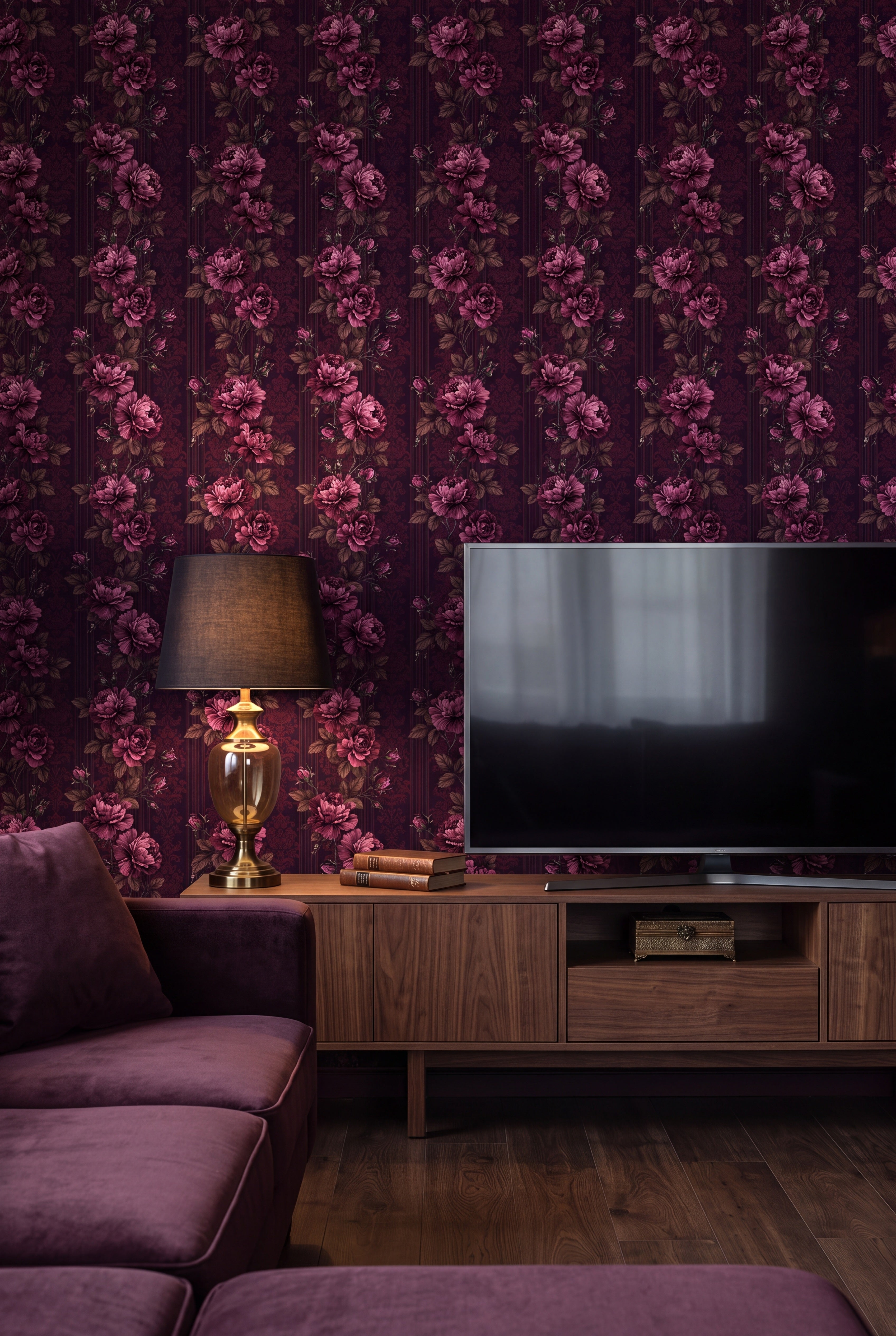 Damson Rose wallpaper shown in a media room