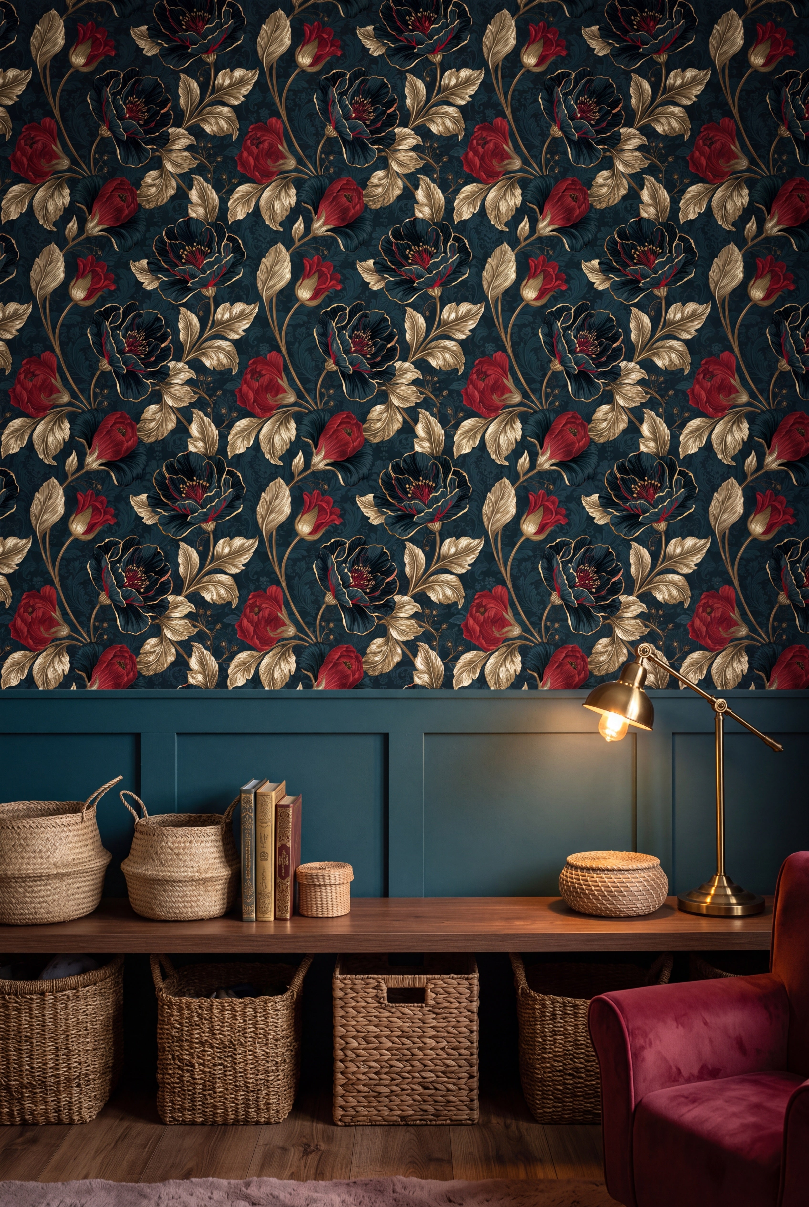 Gilded Poppy wallpaper shown in a kids room