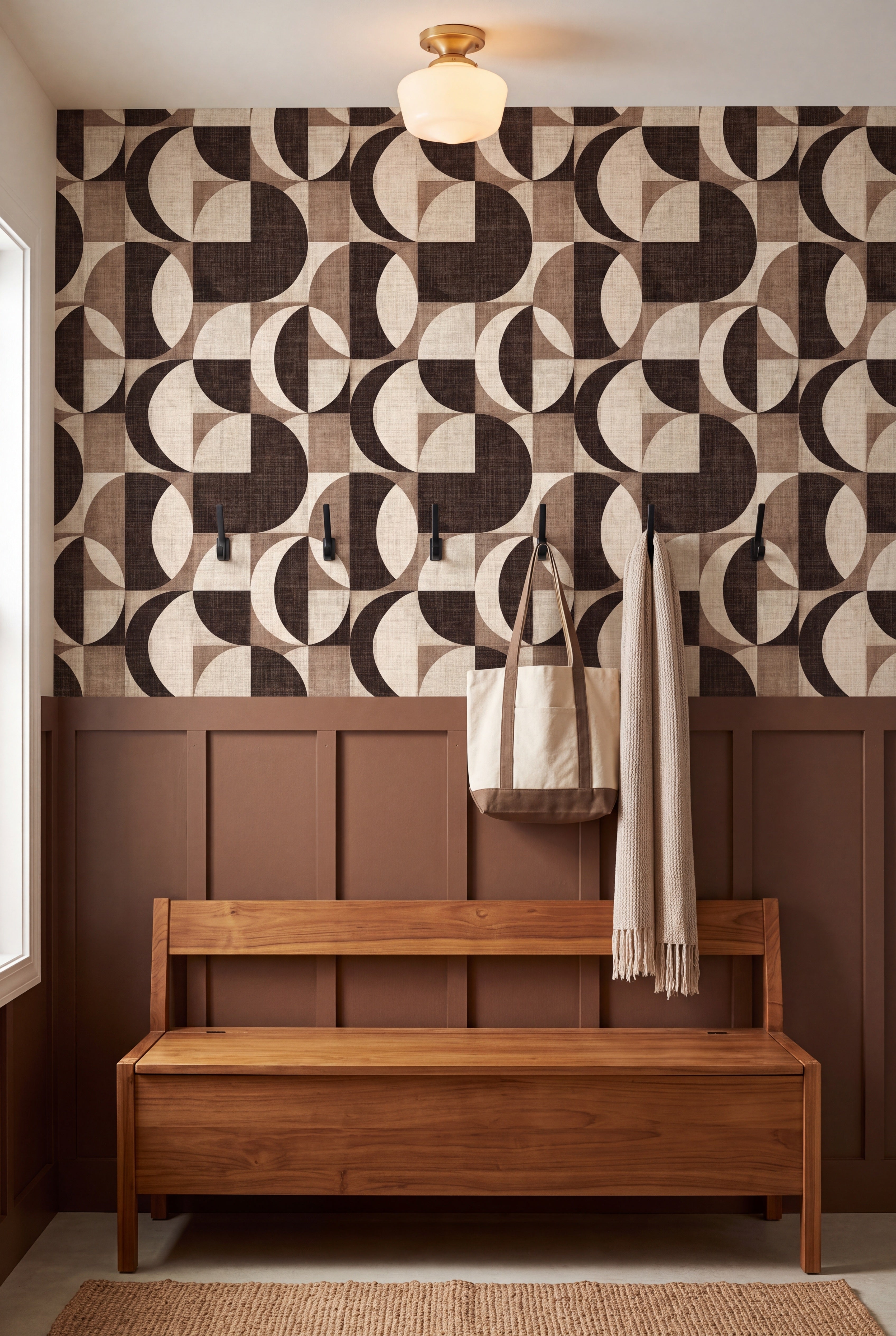 Cocoa Eclipse wallpaper shown in a mudroom