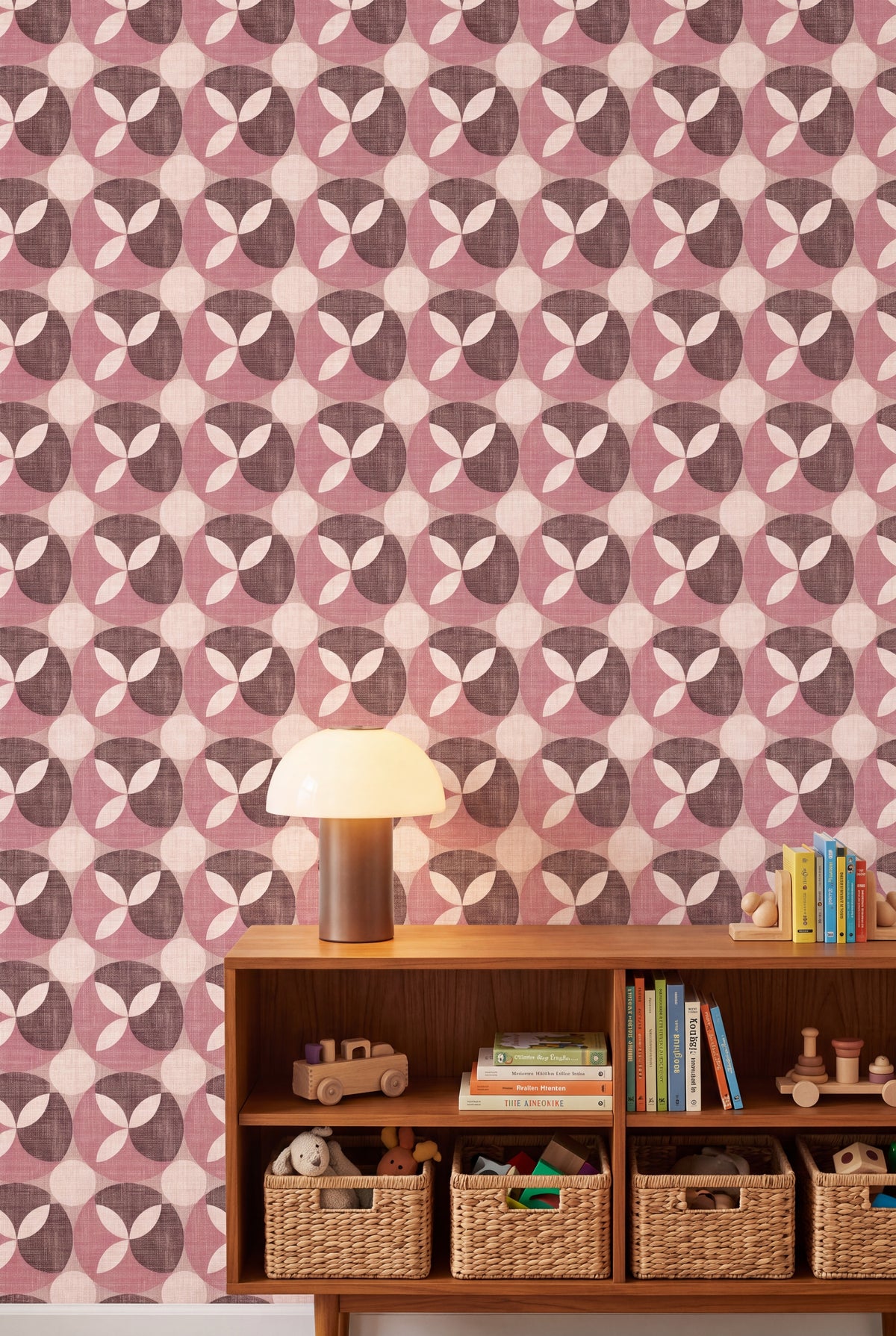 Rosewood Petal wallpaper shown in a kids room