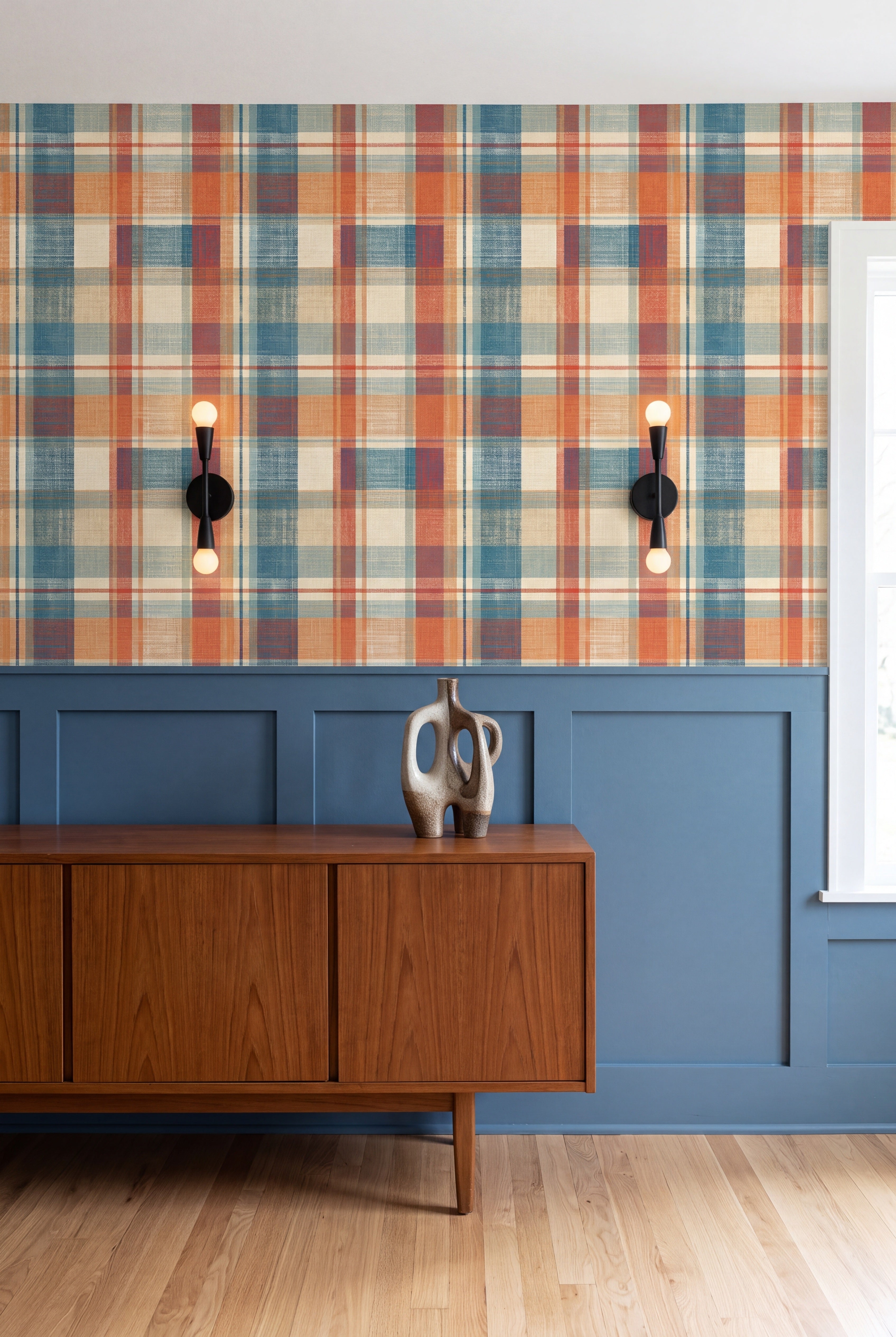 Camp Plaid wallpaper shown in a dining room