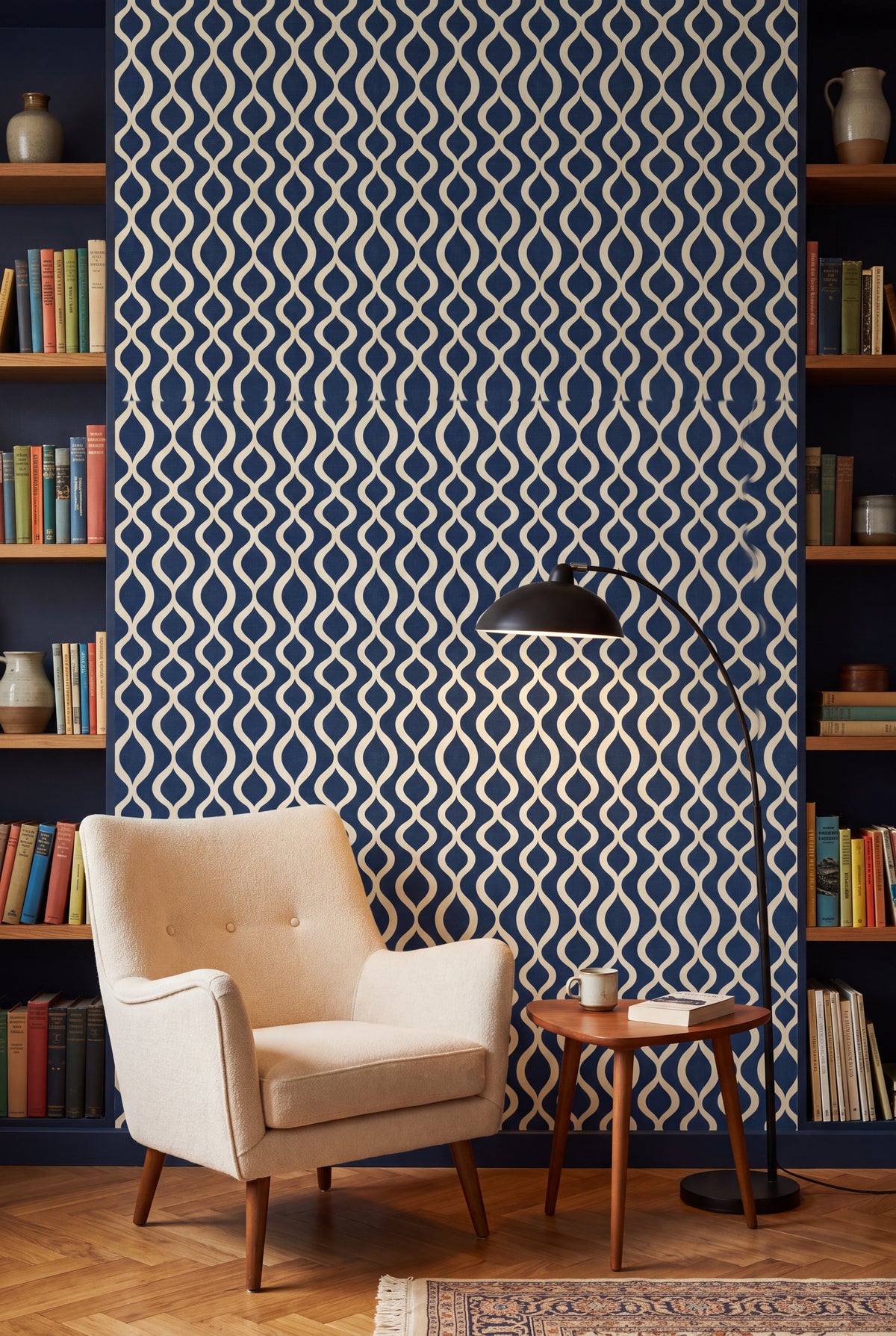 Navy Pendulum wallpaper shown in a reading nook