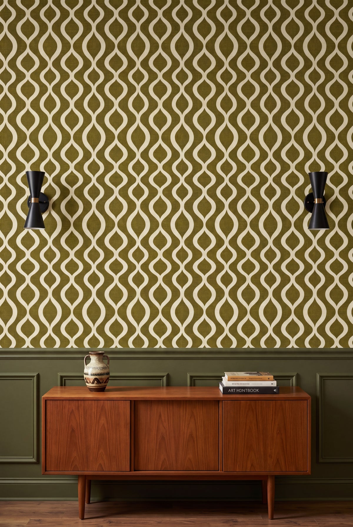 Olive Pendulum wallpaper shown in a dining room