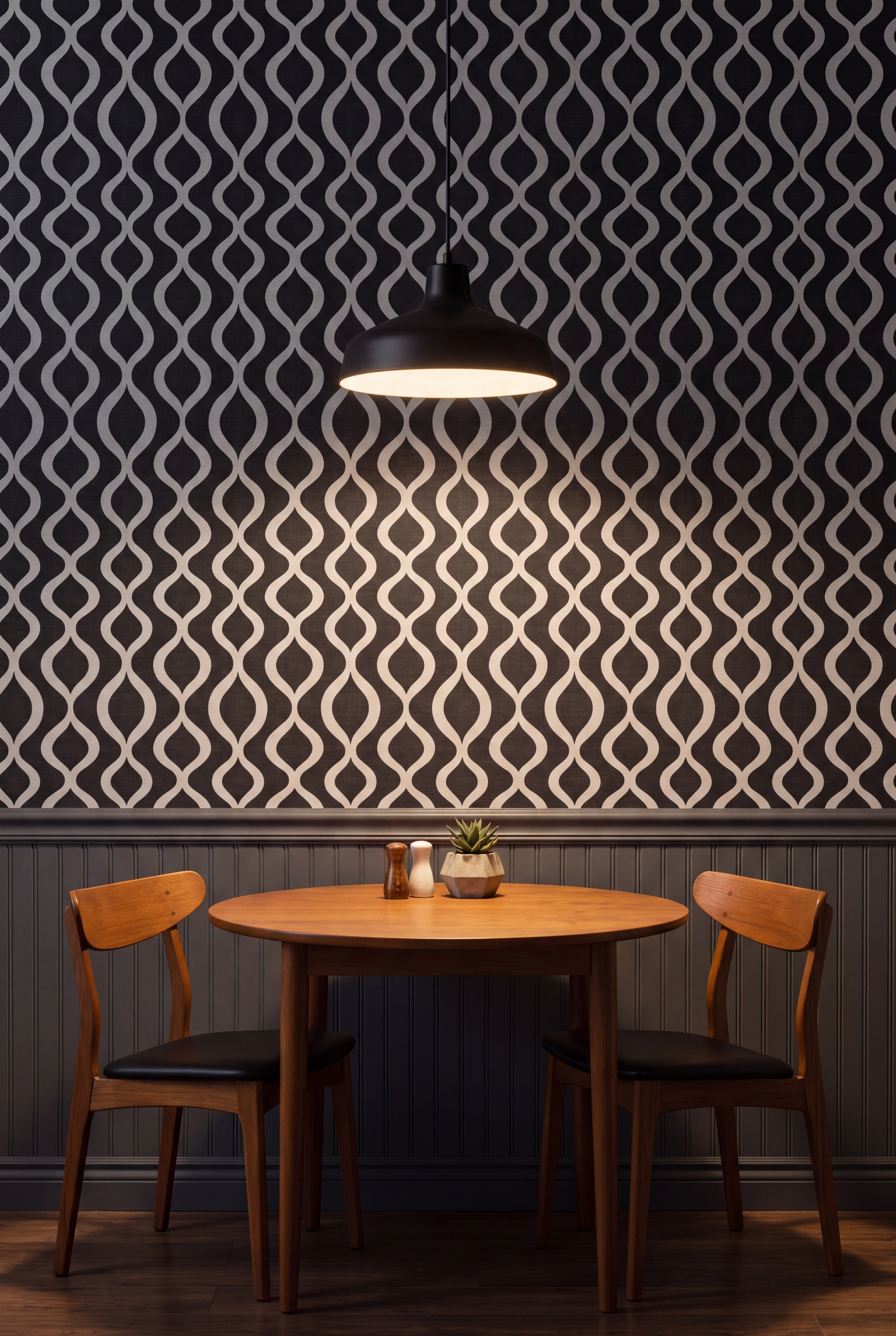 Onyx Pendulum wallpaper shown in a kitchen breakfast nook