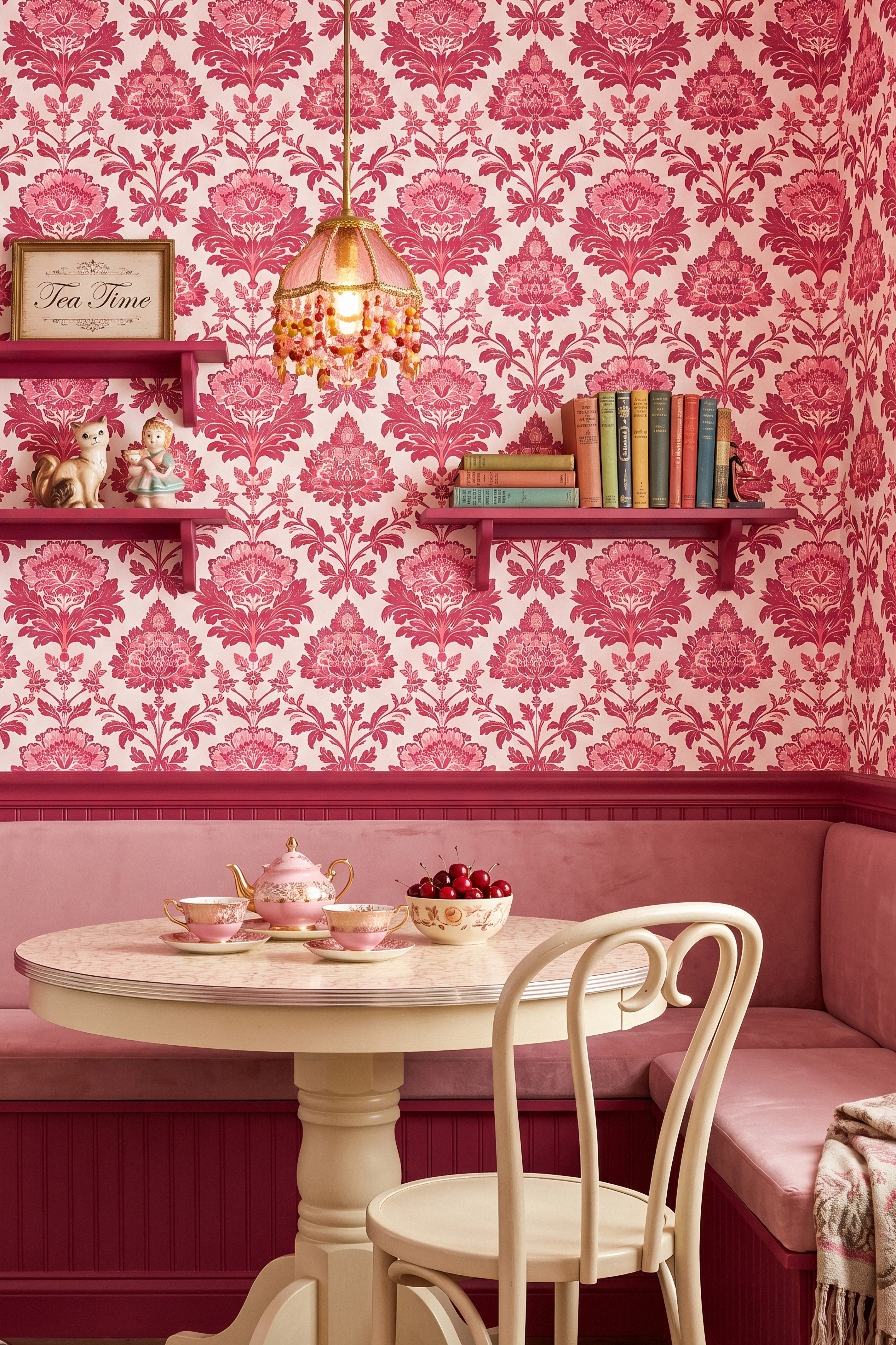Dollhouse wallpaper shown in a cozy nook