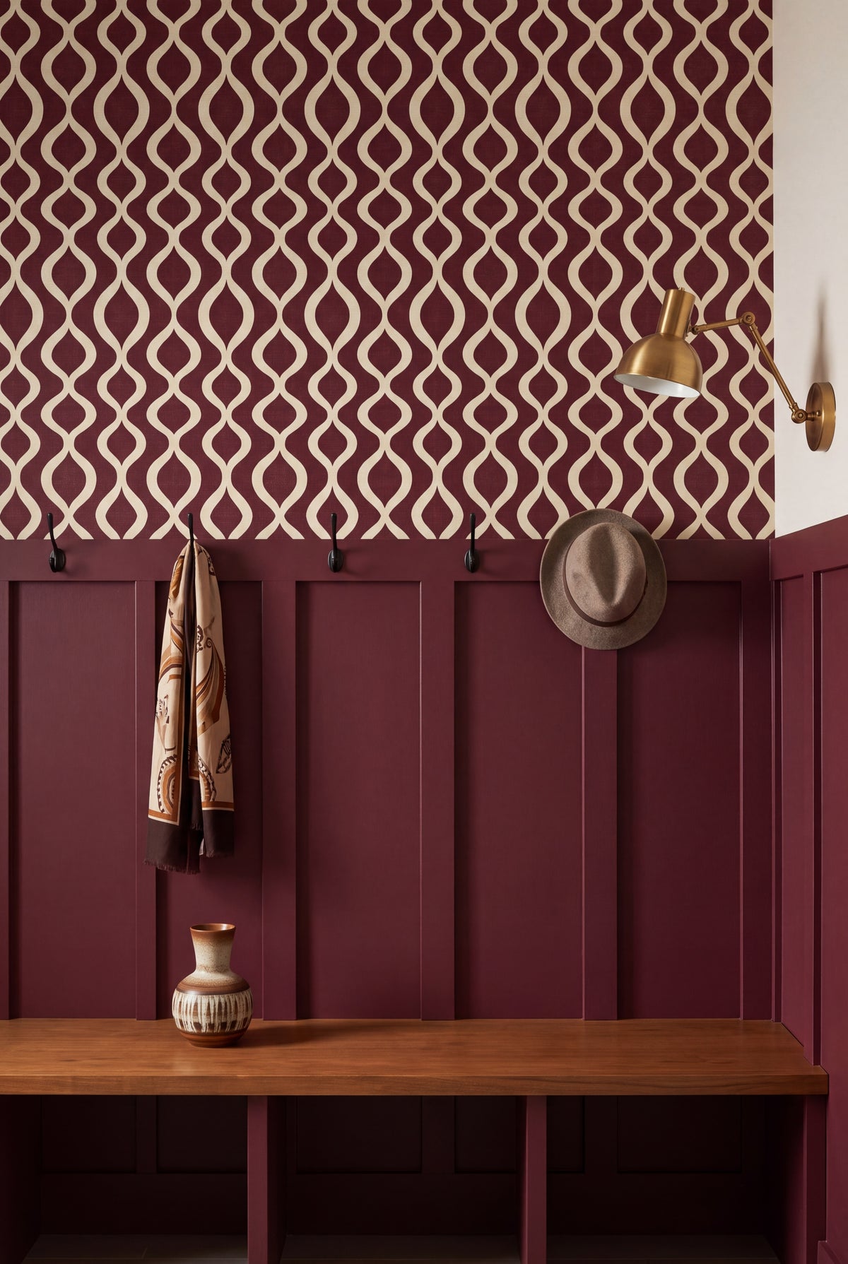 Claret Pendulum wallpaper shown in a mudroom