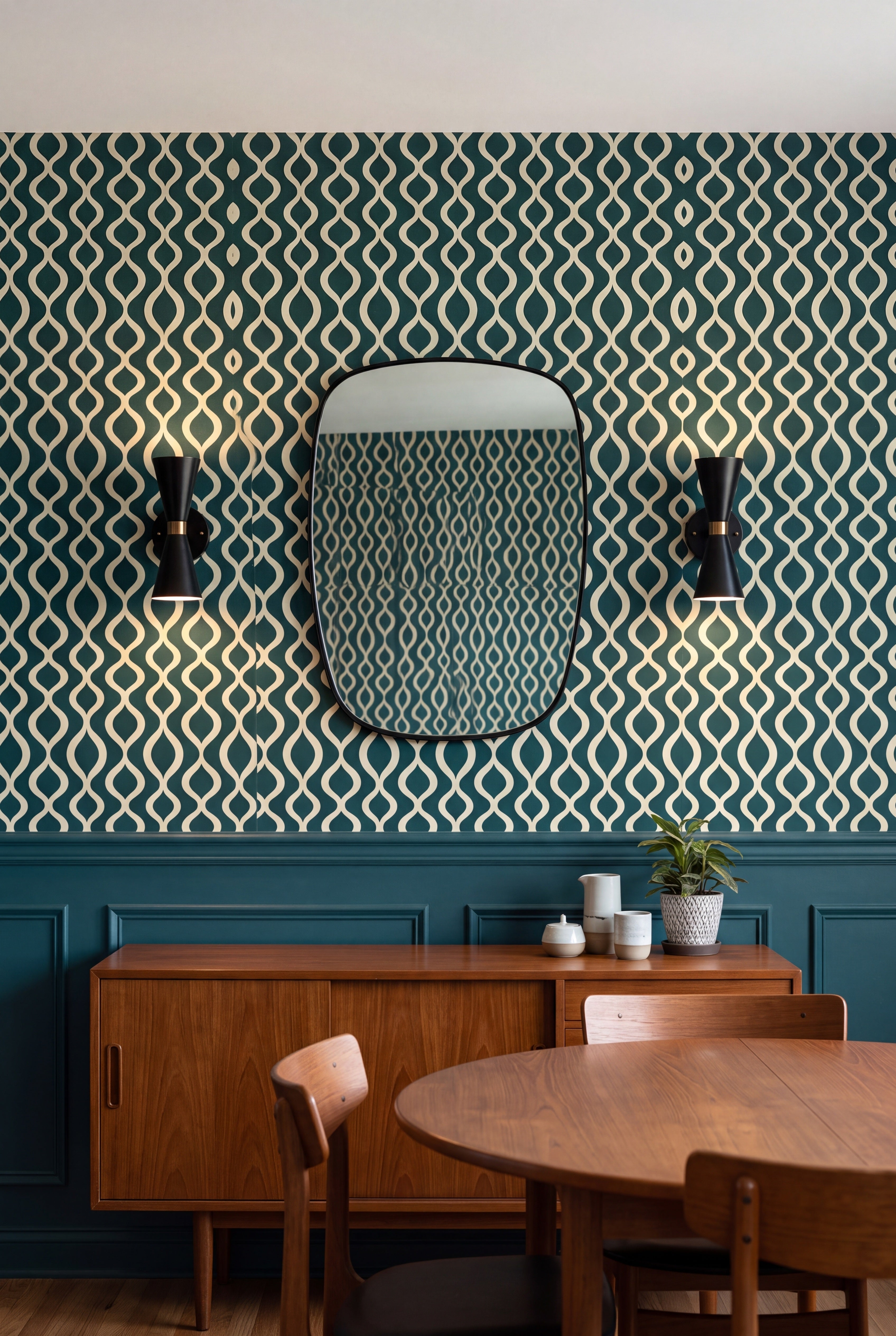 Lagoon Pendulum wallpaper shown in a dining room