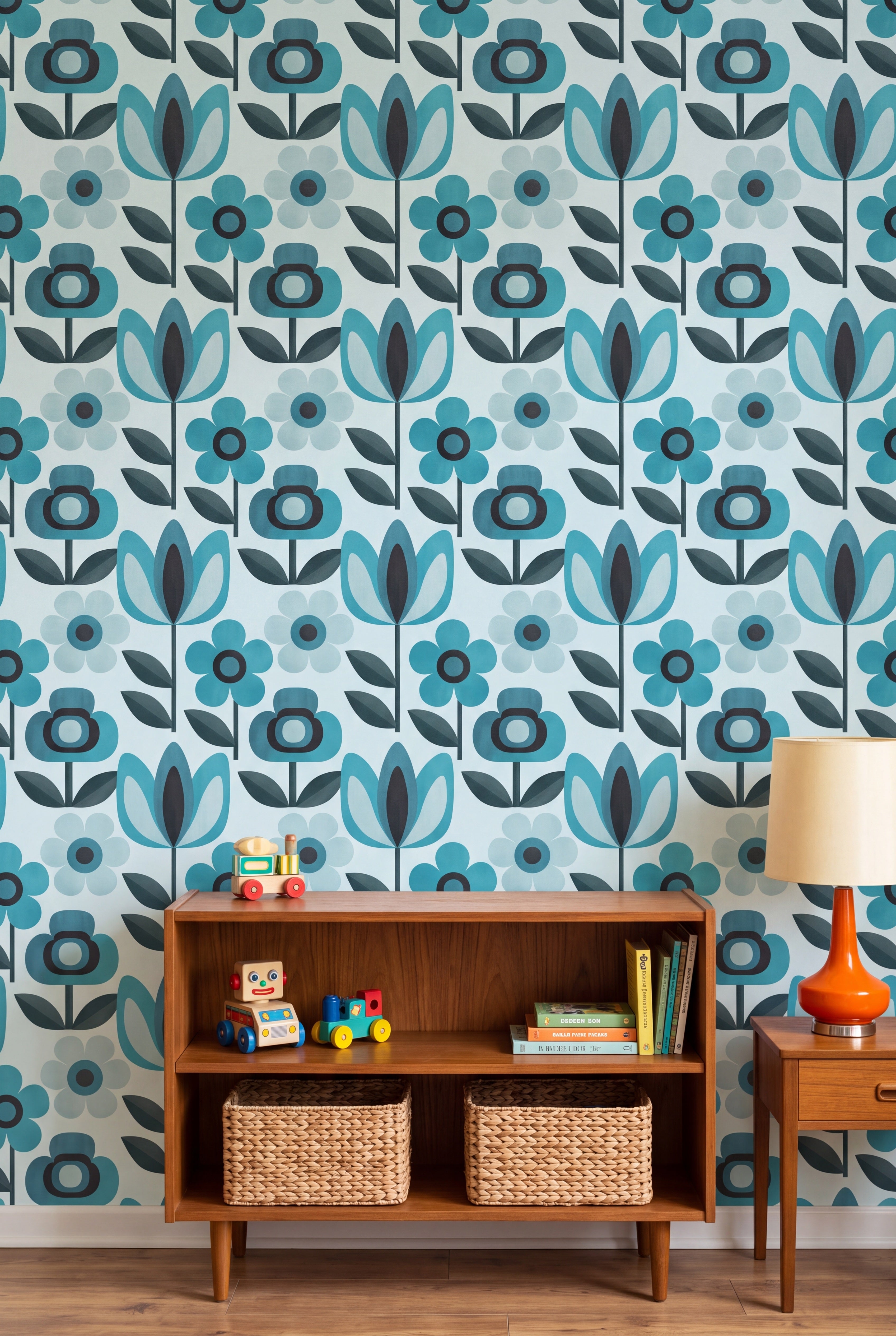 Aqua Daisy wallpaper shown in a kids room