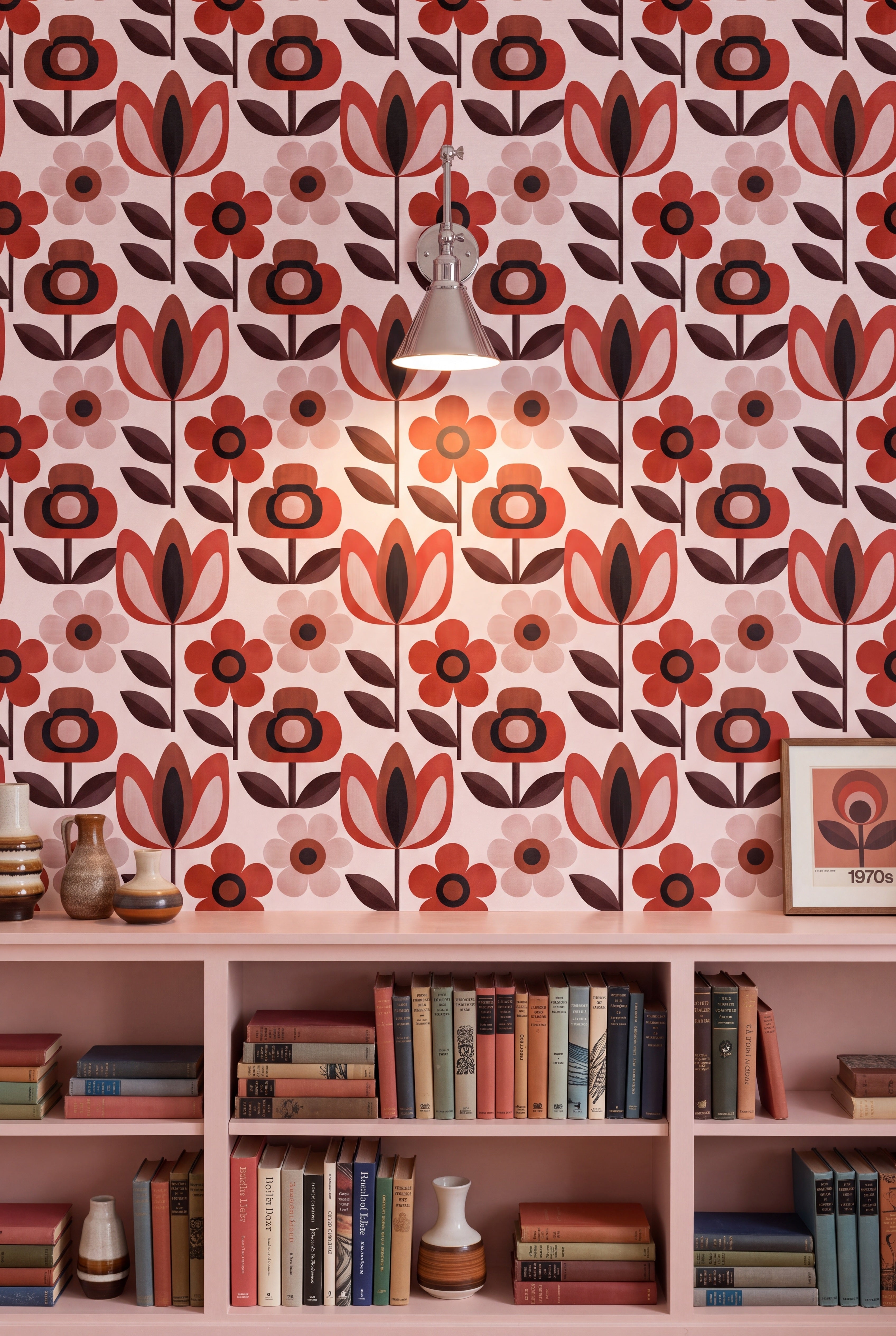 Scarlet Daisy wallpaper shown in a library