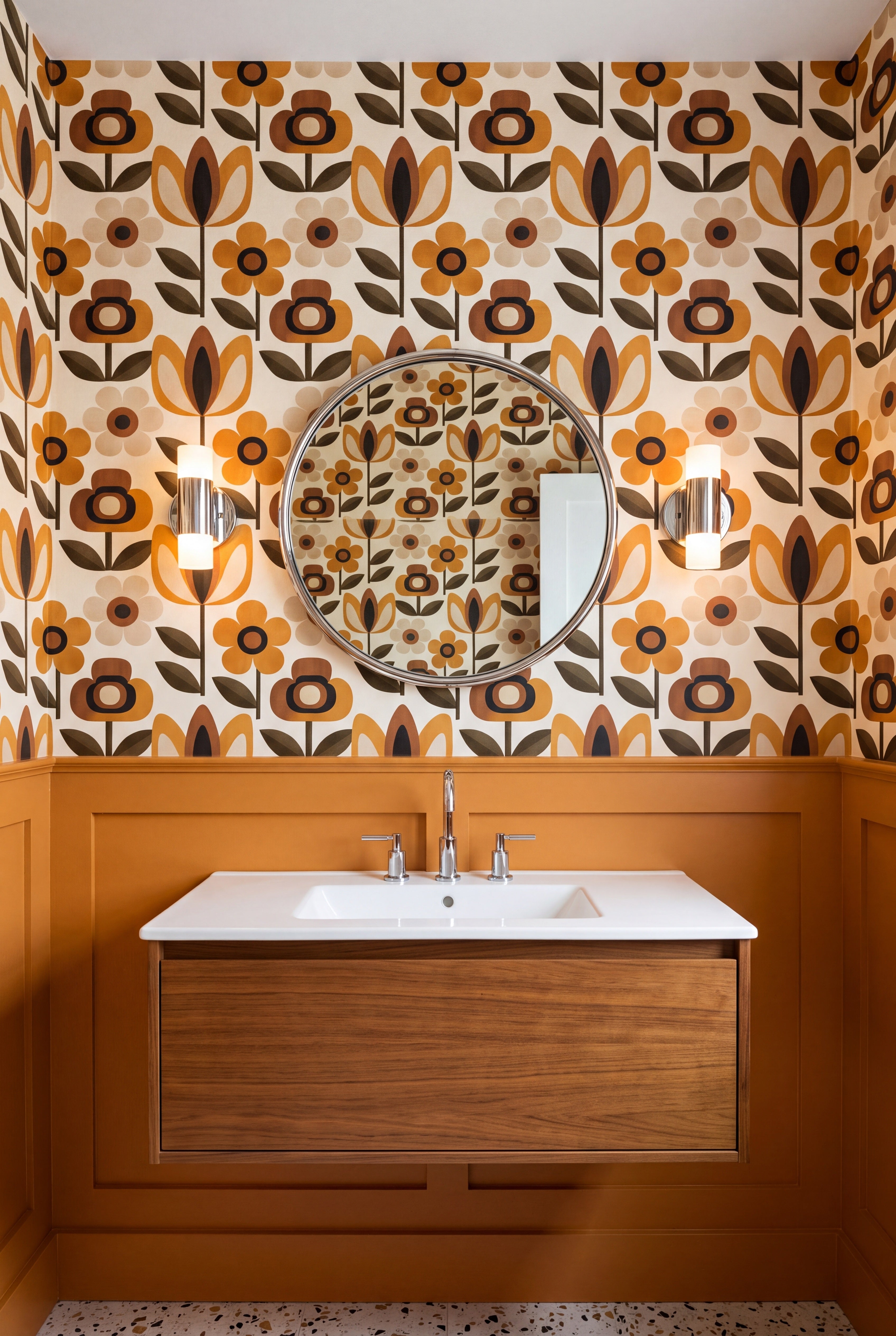 Marigold Daisy wallpaper shown in a powder room