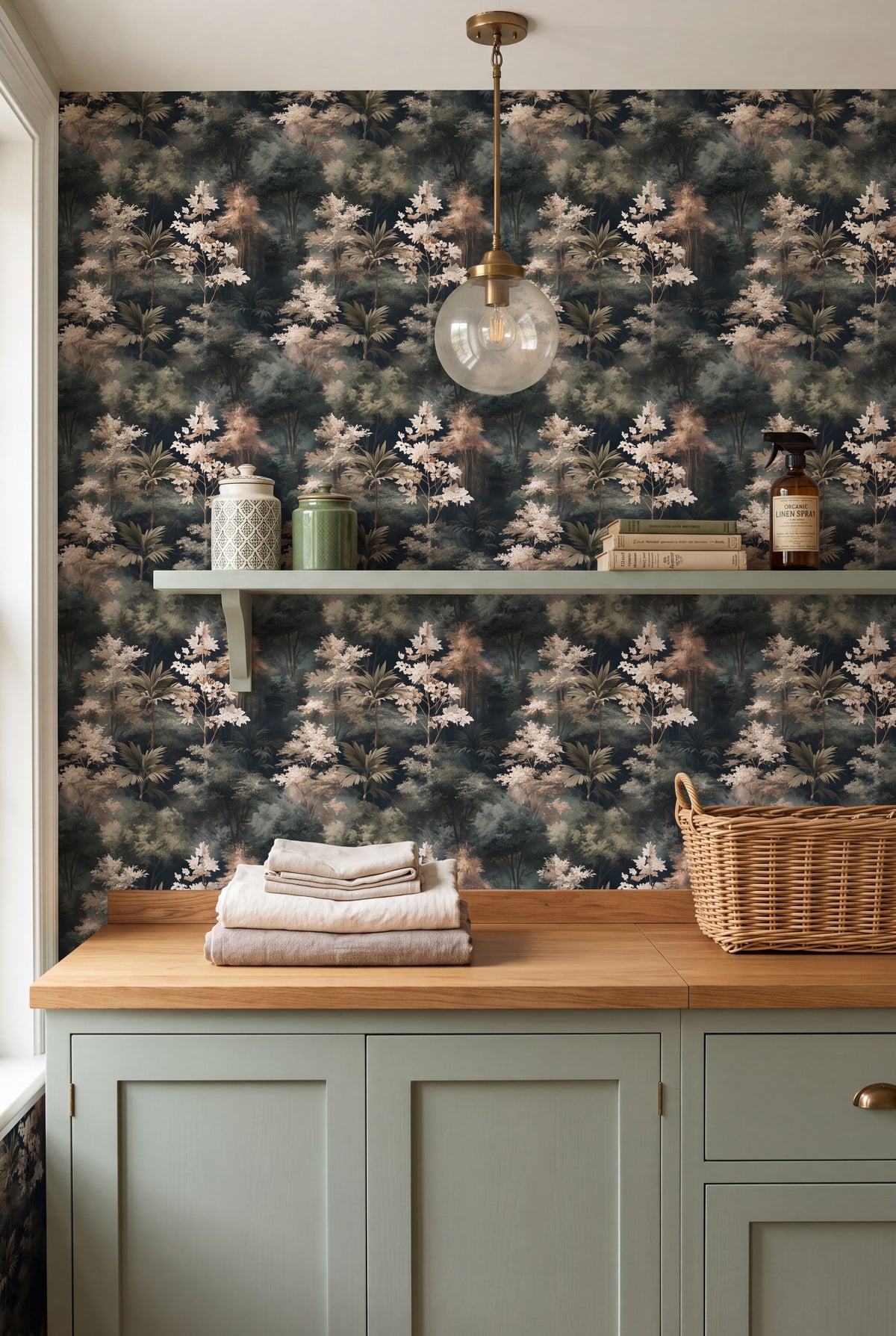 Misted Grove wallpaper shown in a laundry room