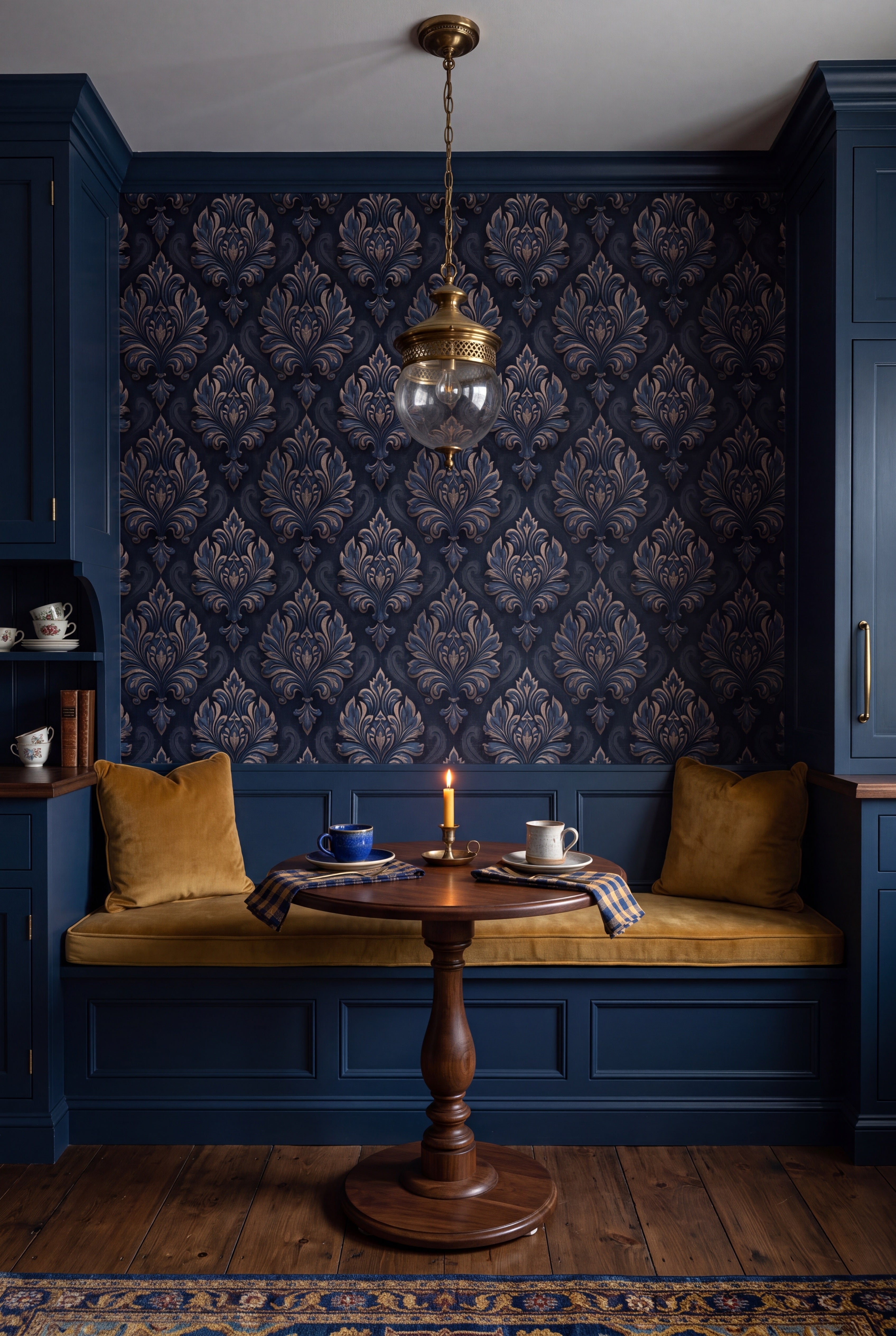 Sapphire Damask wallpaper shown in a kitchen breakfast nook