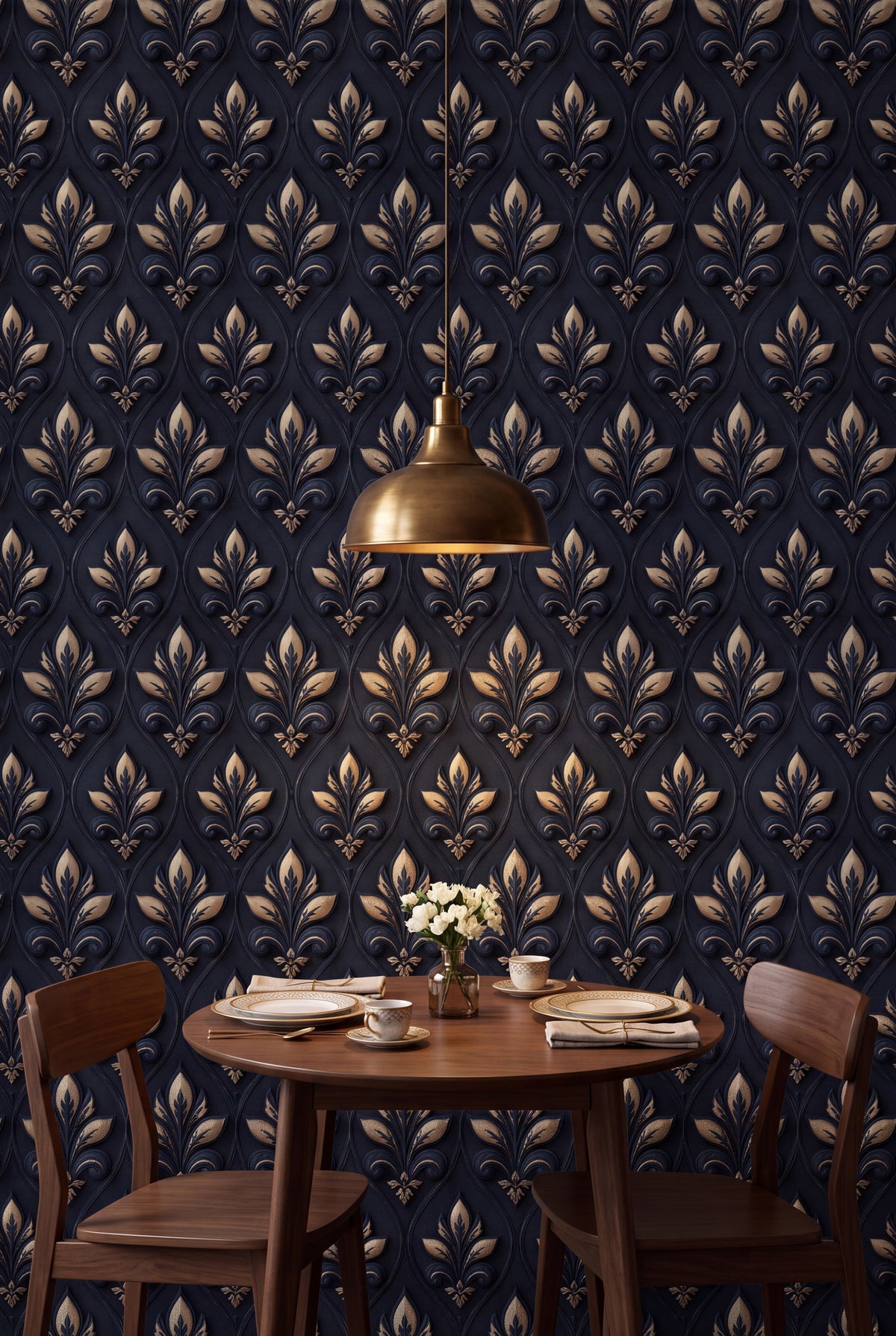 Sapphire Fleur wallpaper shown in a kitchen breakfast nook