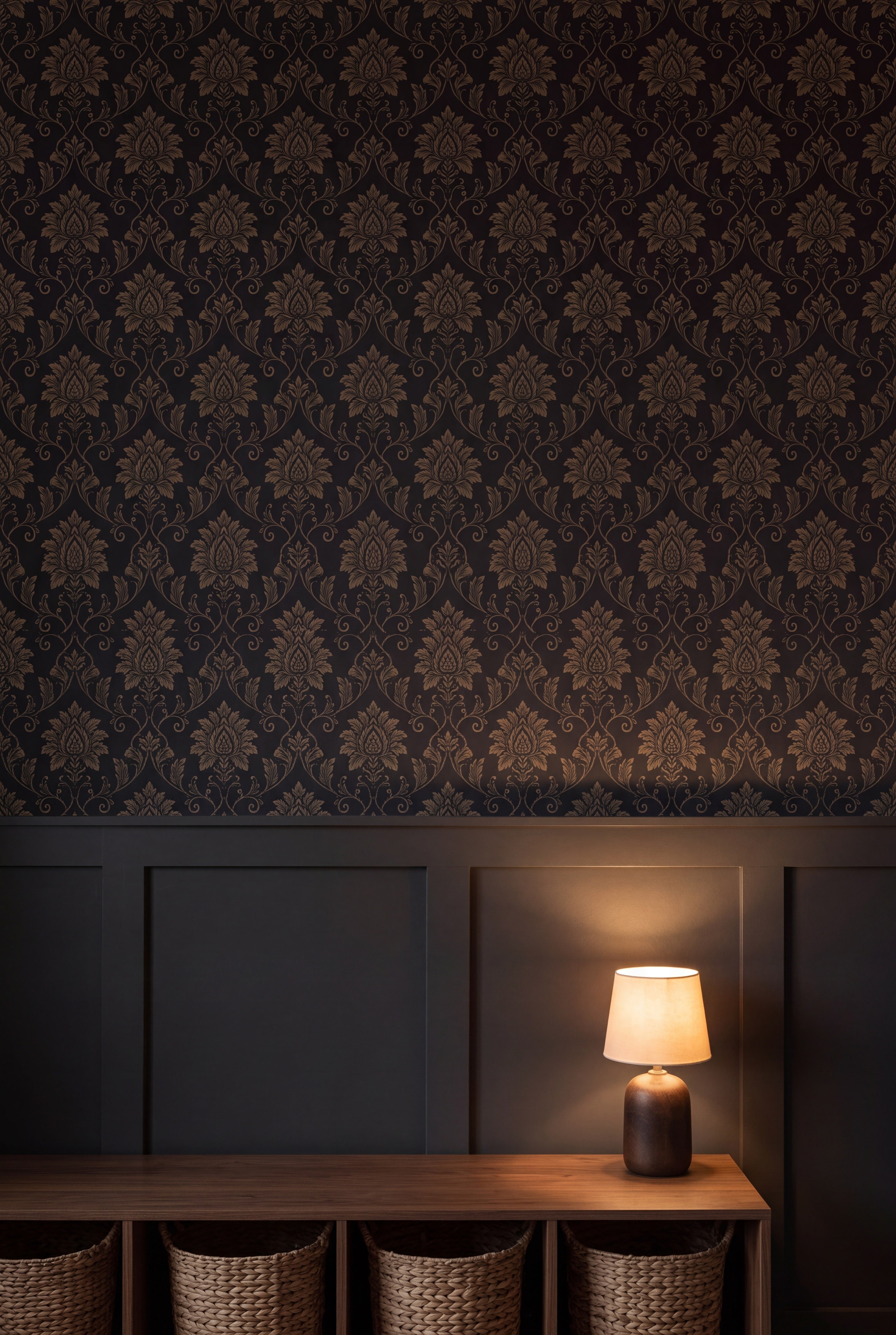 Bronze Damask wallpaper shown in a kids room
