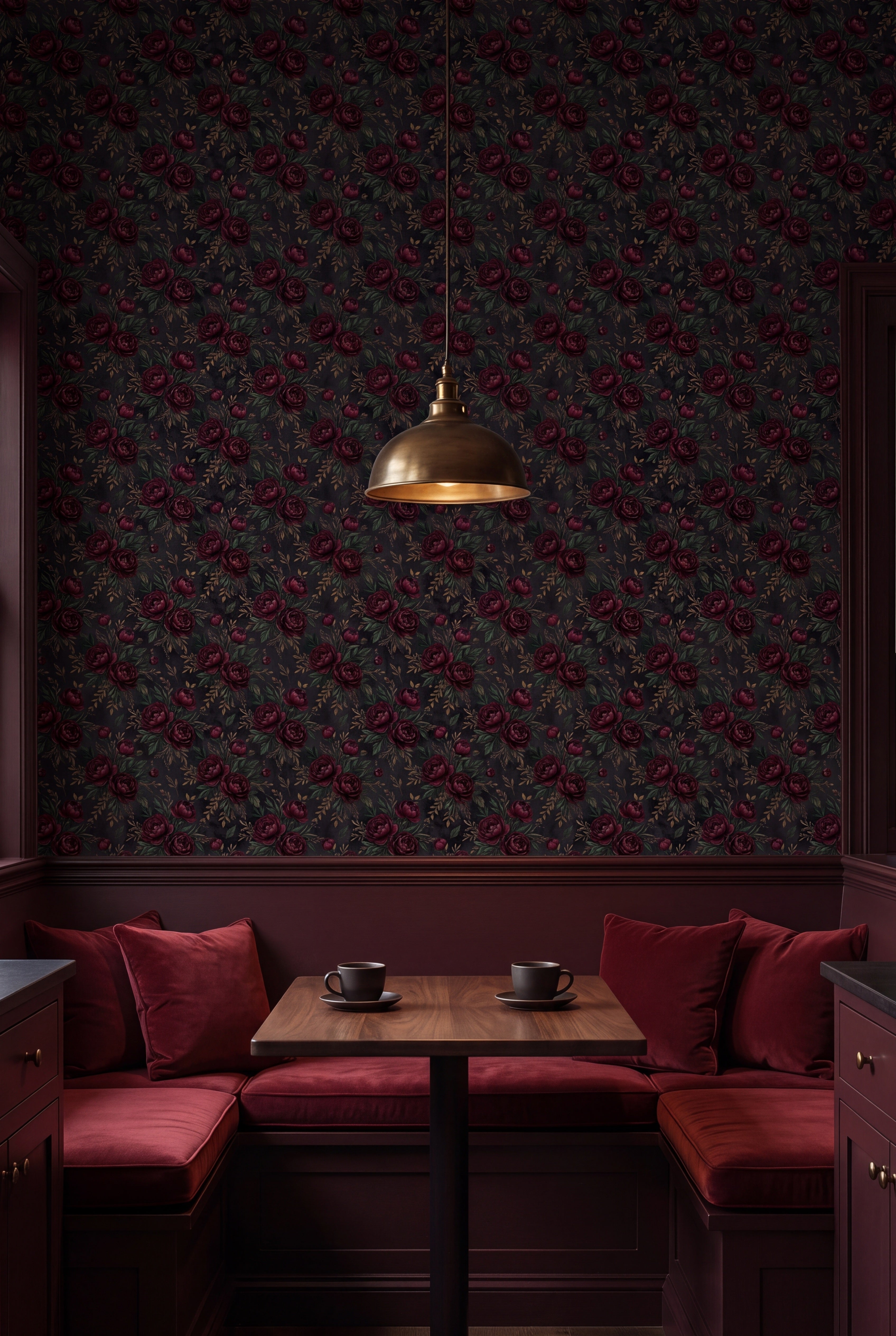 Garnet Peony wallpaper shown in a kitchen breakfast nook