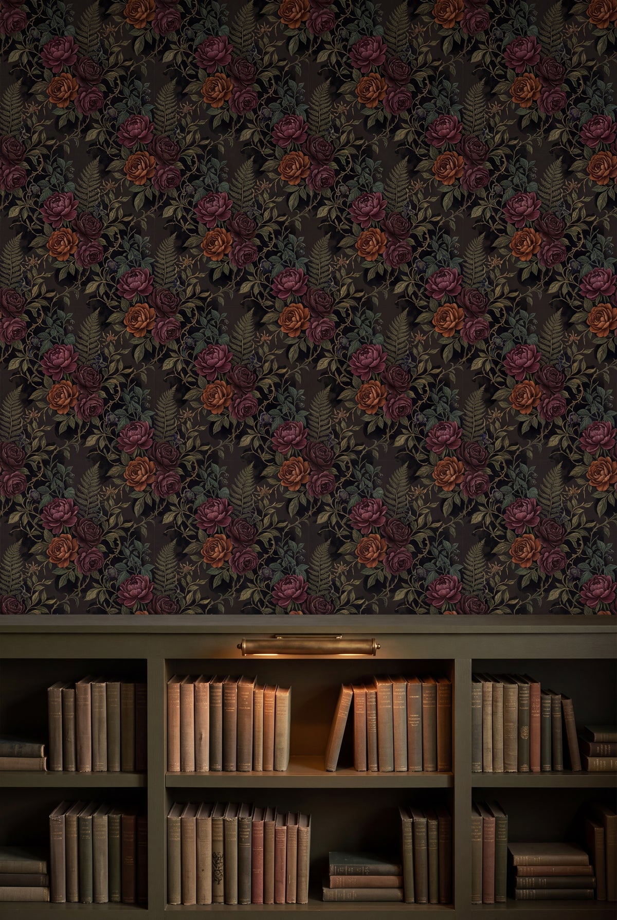 Ember Rose Fern wallpaper shown in a library