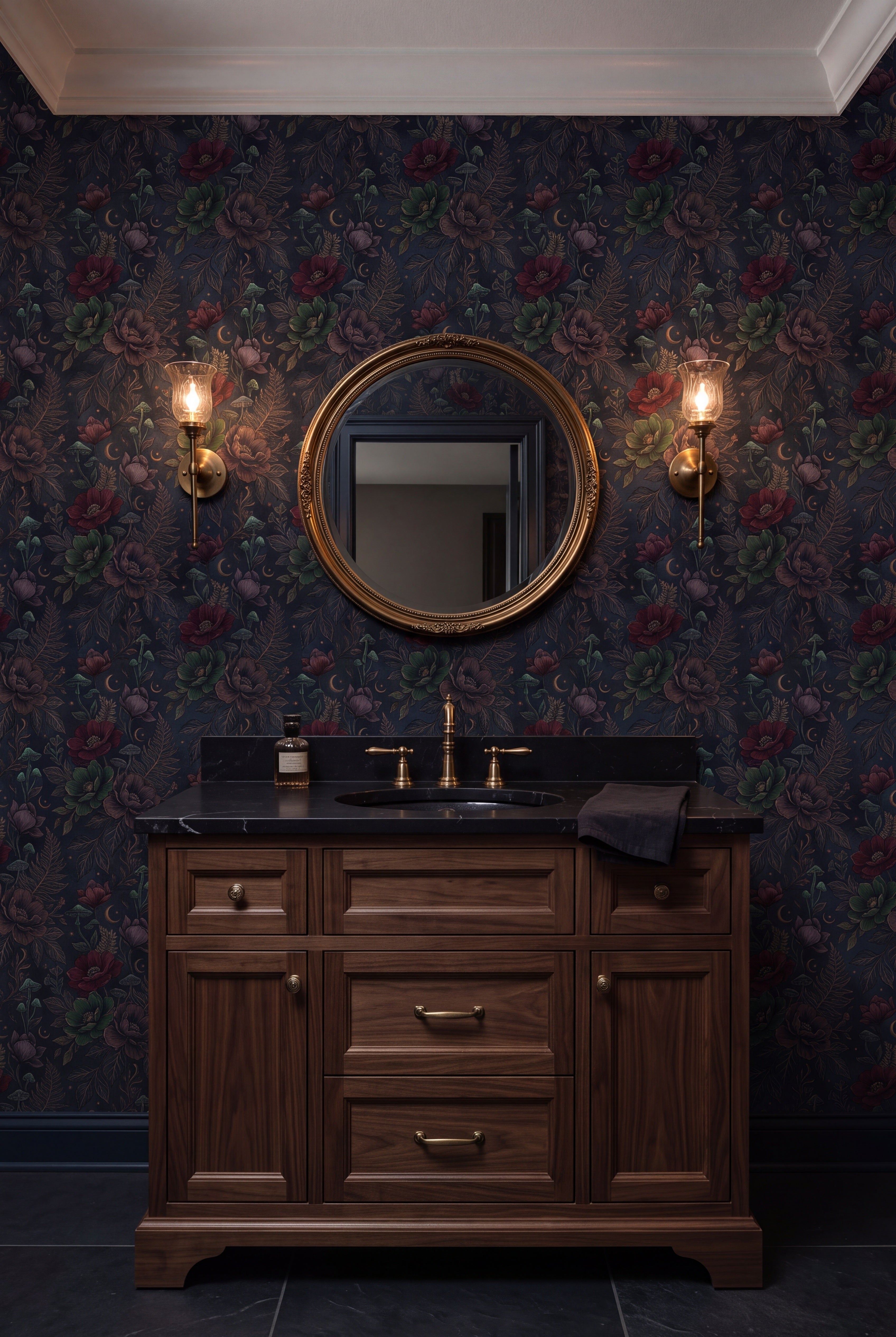 Moonlit Thicket wallpaper shown in a powder room