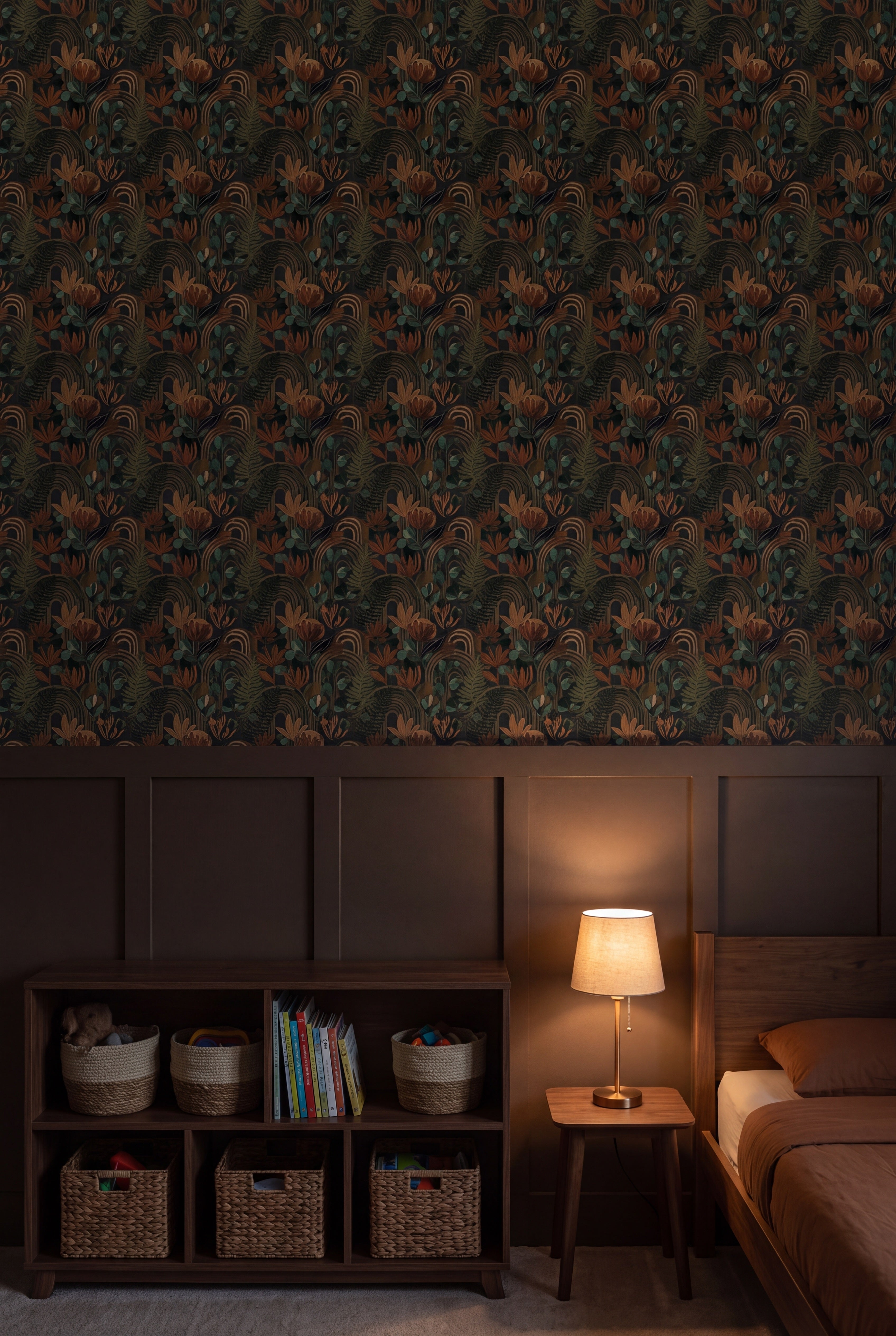 Umber Arbor wallpaper shown in a kids room
