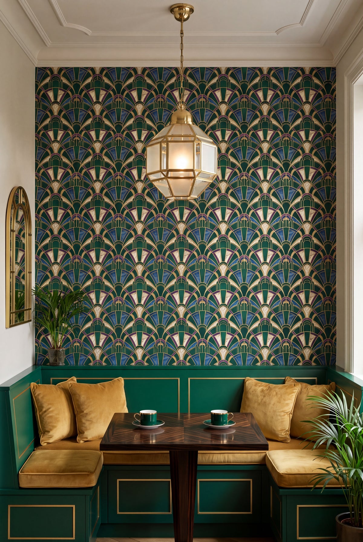 Emerald Deco Fan wallpaper shown in a kitchen breakfast nook